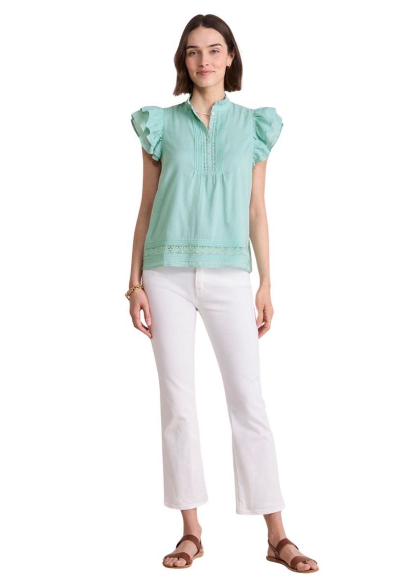 Womens Short Ruffle Sleeve Pintuck Top 