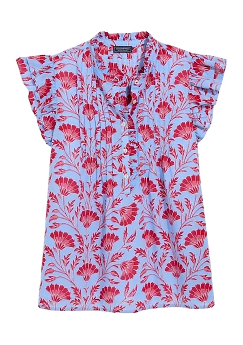 Womens Pintuck Flutter Sleeve Printed Top