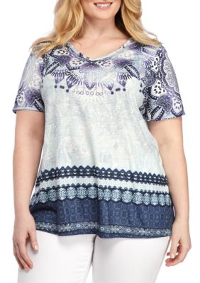 Kim Rogers Plus Size Border Feather Print Top | Belk