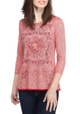 Kim Rogers Three Quarter Sleeve Pom Hem Knit Top | Belk