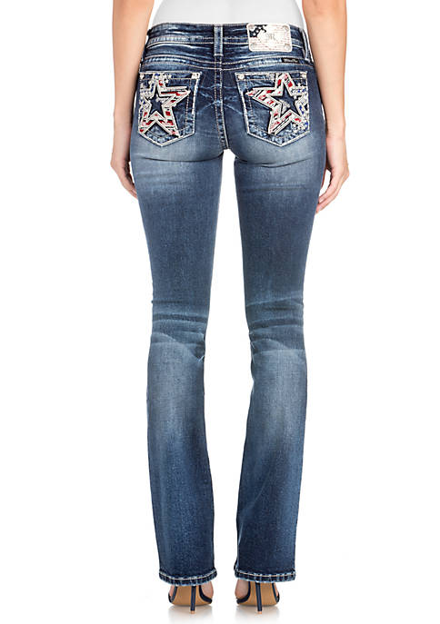 and Stars Embellishments Miss Me Womens Mid-Rise Boot Cut Jeans with Desert Sky Moon