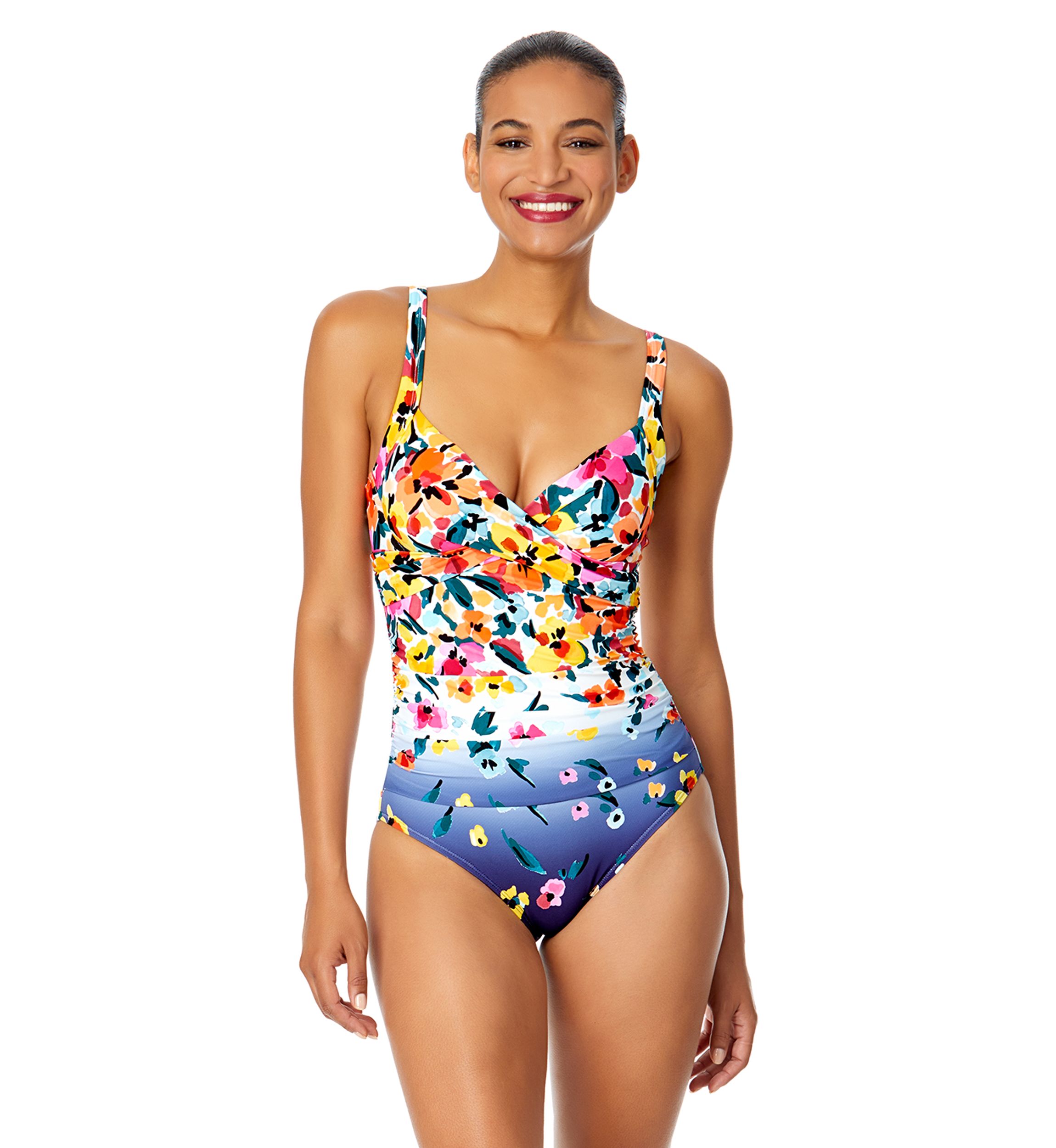 Gradient Floral Drape Front Underwire One Piece Swimsuit