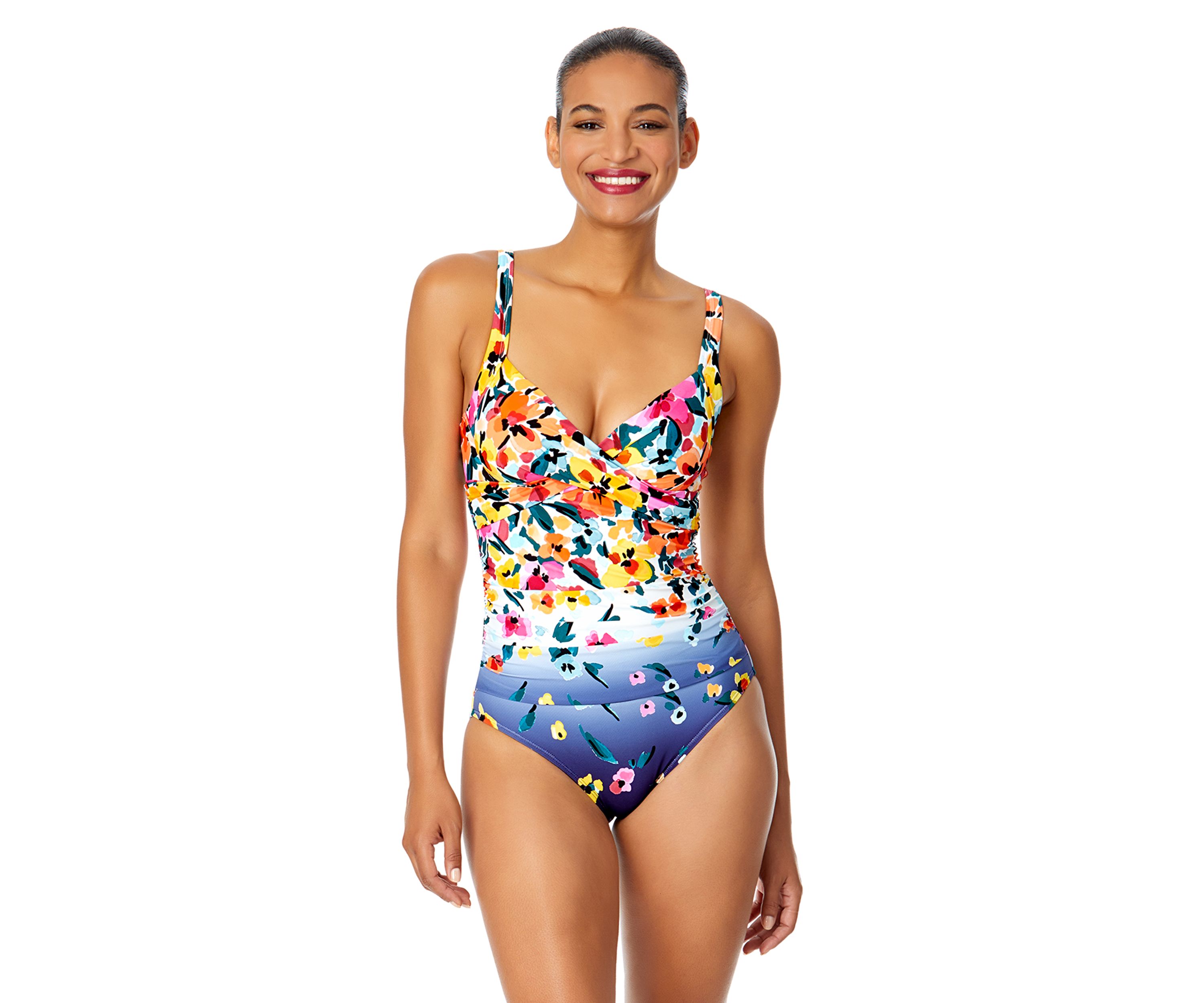 Gradient Floral Drape Front Underwire One Piece Swimsuit