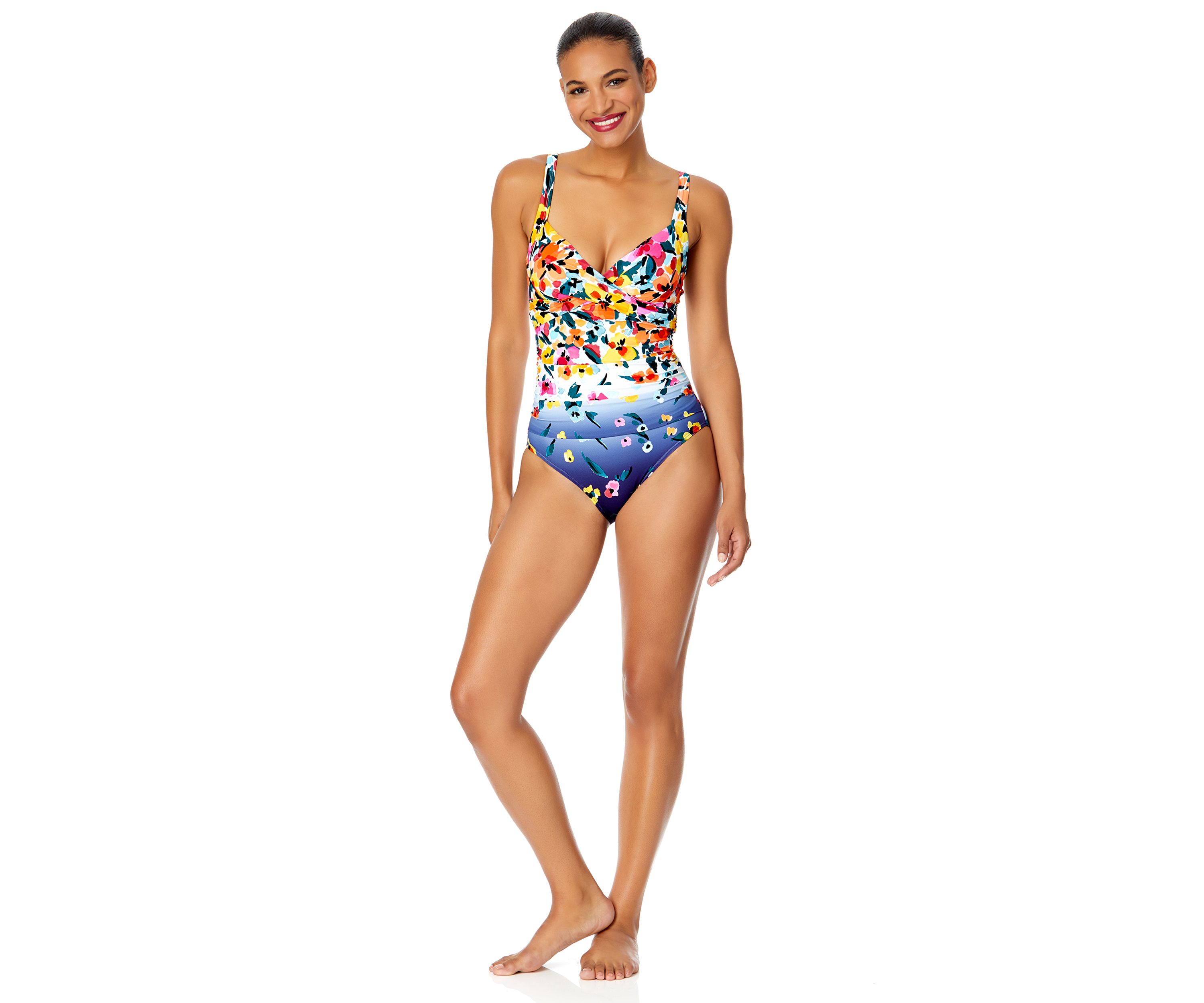 Gradient Floral Drape Front Underwire One Piece Swimsuit