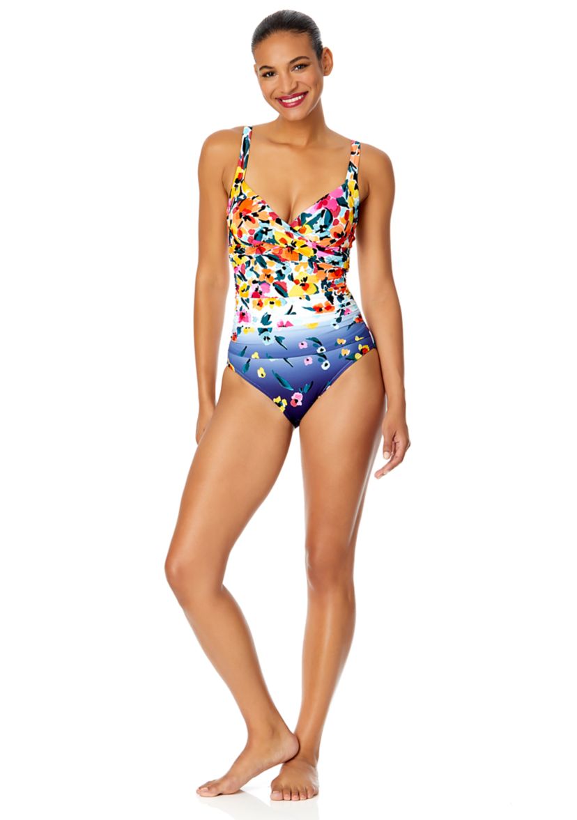 Gradient Floral Drape Front Underwire One Piece Swimsuit