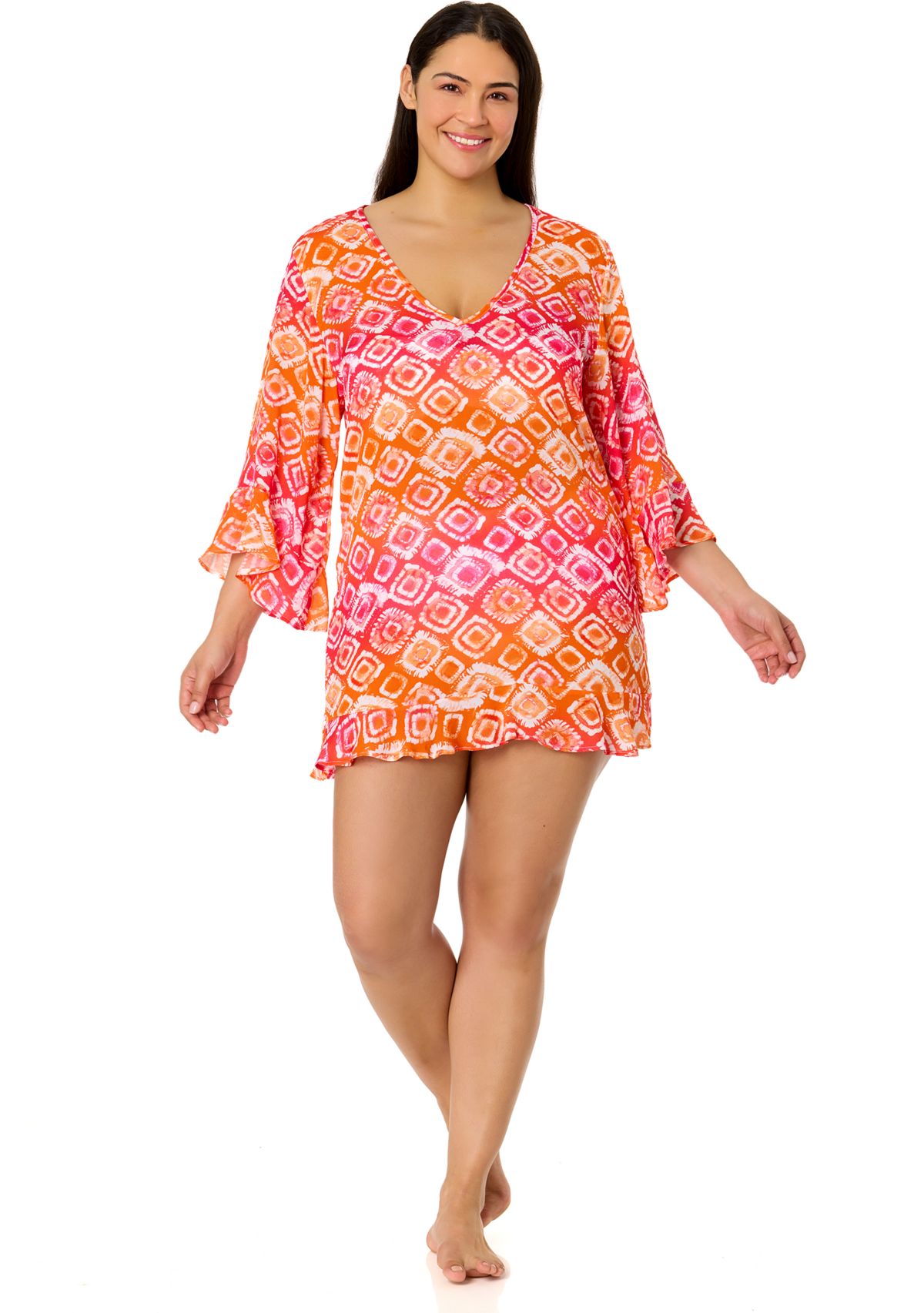 Plus Size Bell Sleeve Tie Dye Printed Swim Coverup