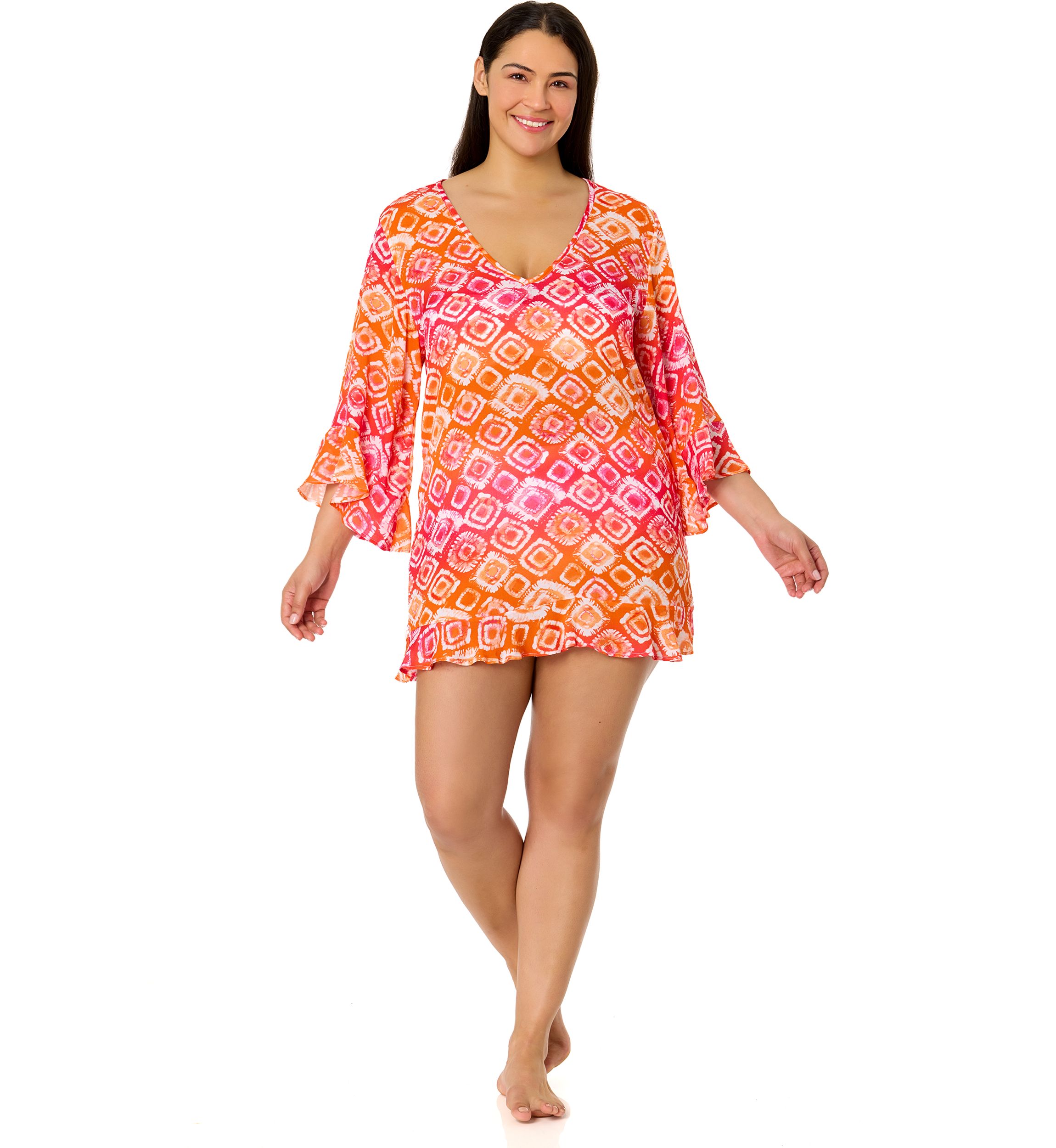 Plus Size Bell Sleeve Tie Dye Printed Swim Coverup