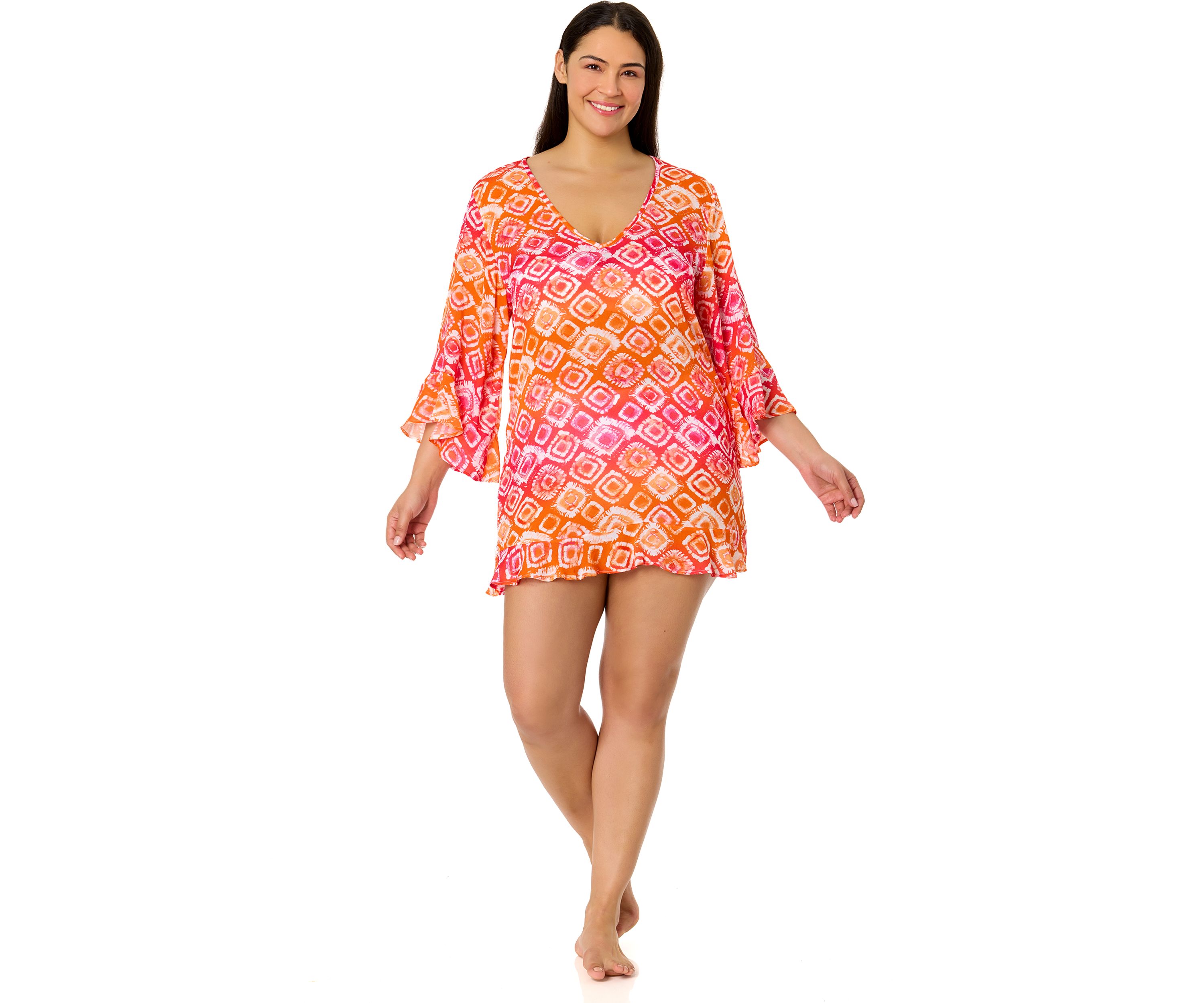 Plus Size Bell Sleeve Tie Dye Printed Swim Coverup