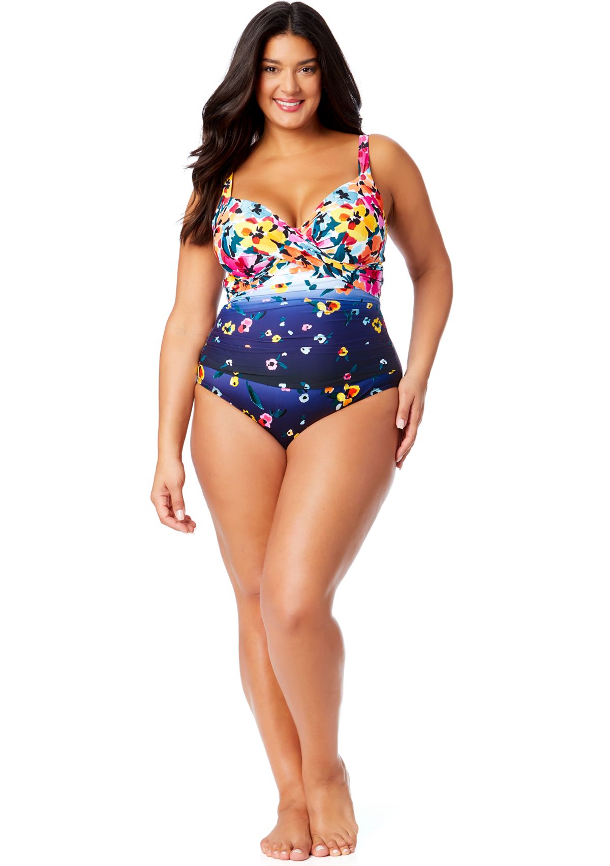 Plus Size Gradient Floral Drape Front One Piece Swimsuit