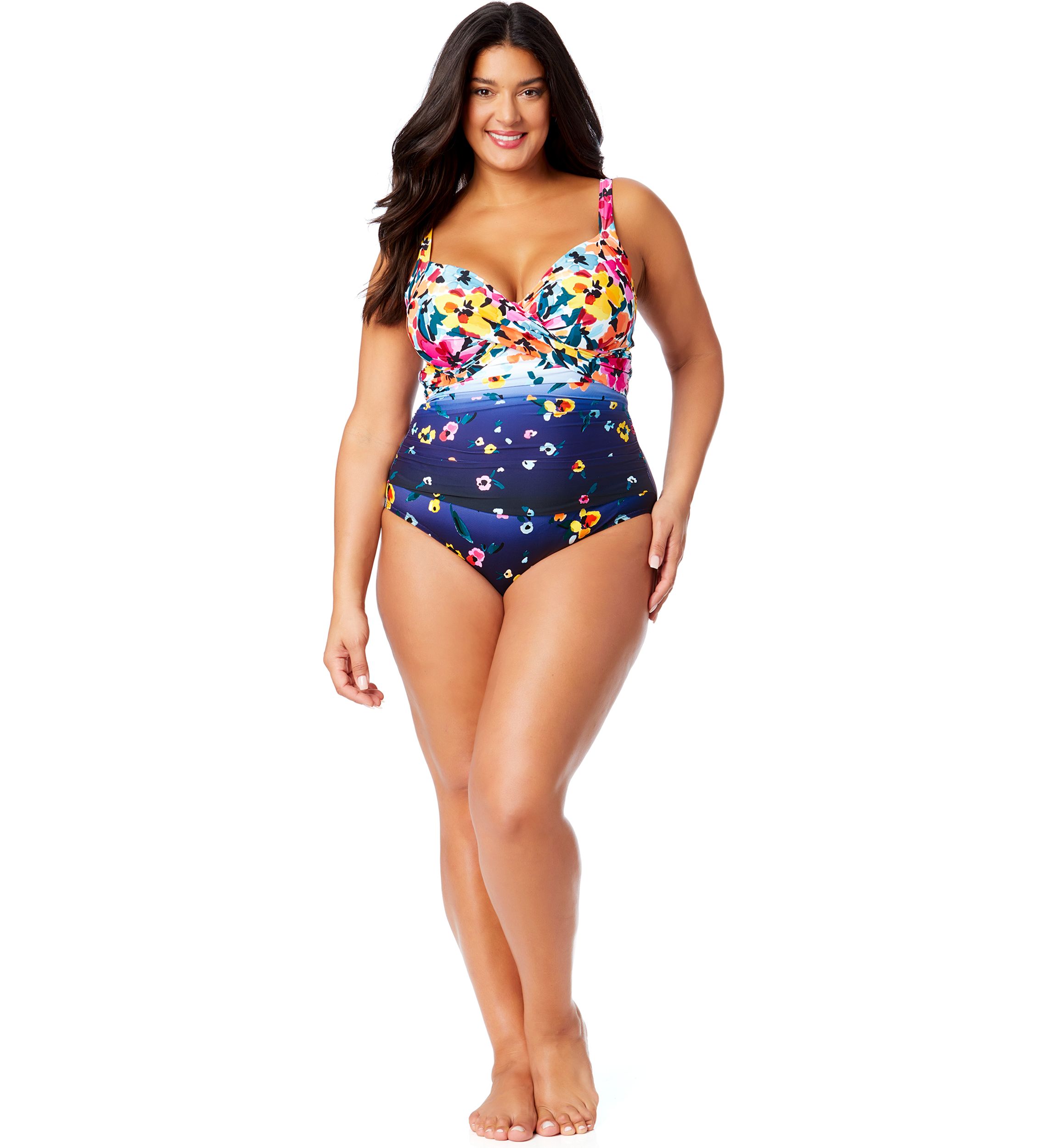 Plus Size Gradient Floral Drape Front One Piece Swimsuit