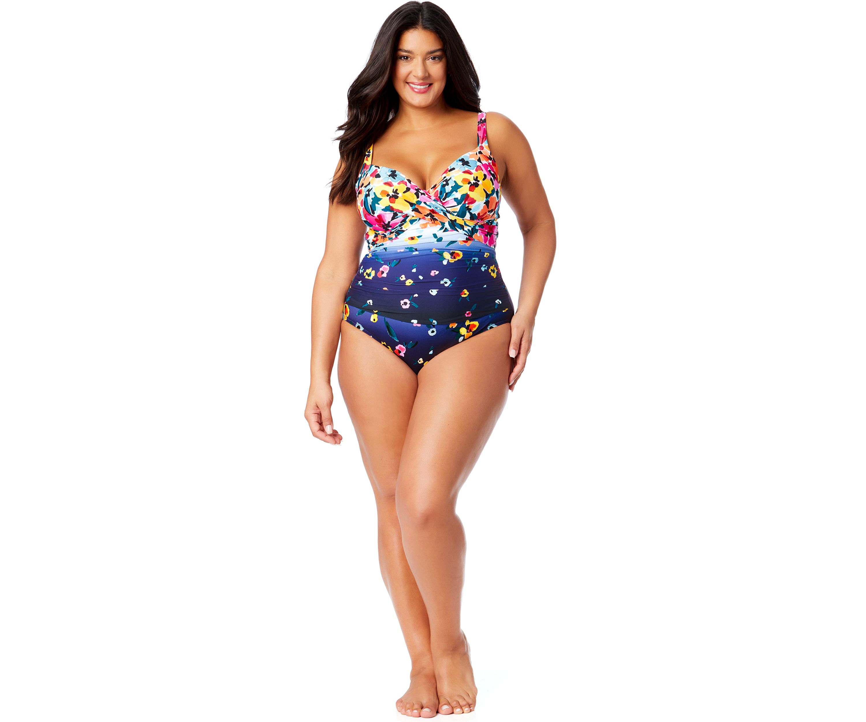 Plus Size Gradient Floral Drape Front One Piece Swimsuit