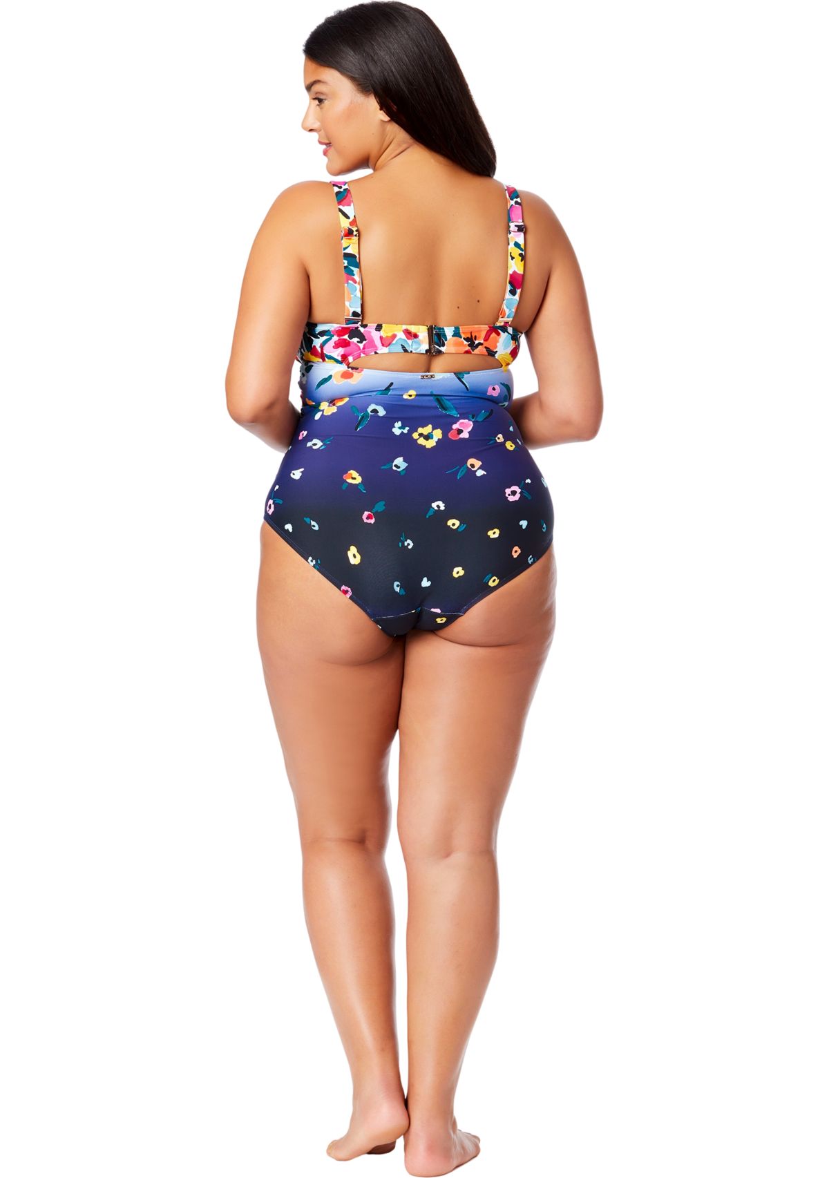 Plus Size Gradient Floral Drape Front One Piece Swimsuit