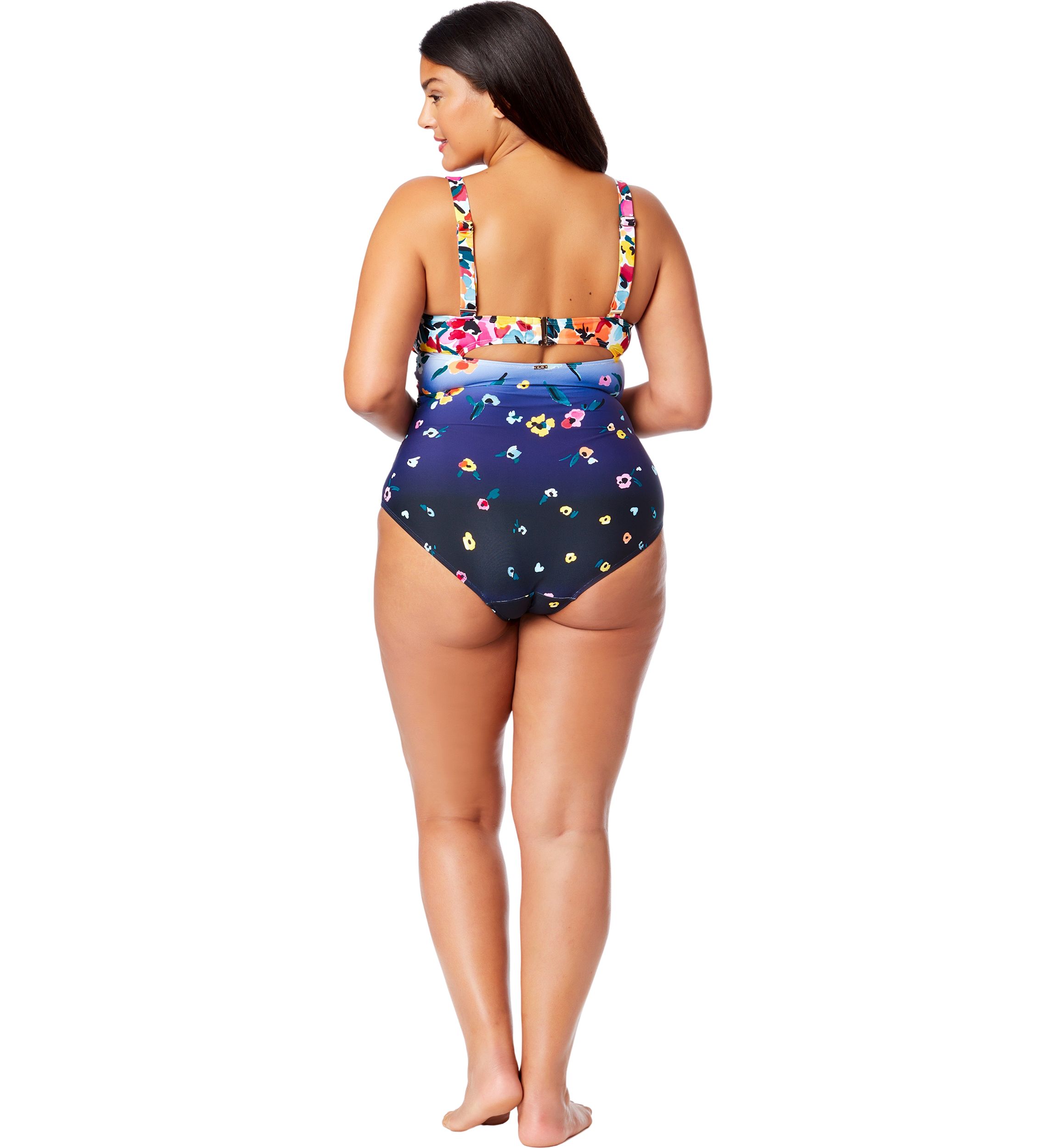 Plus Size Gradient Floral Drape Front One Piece Swimsuit