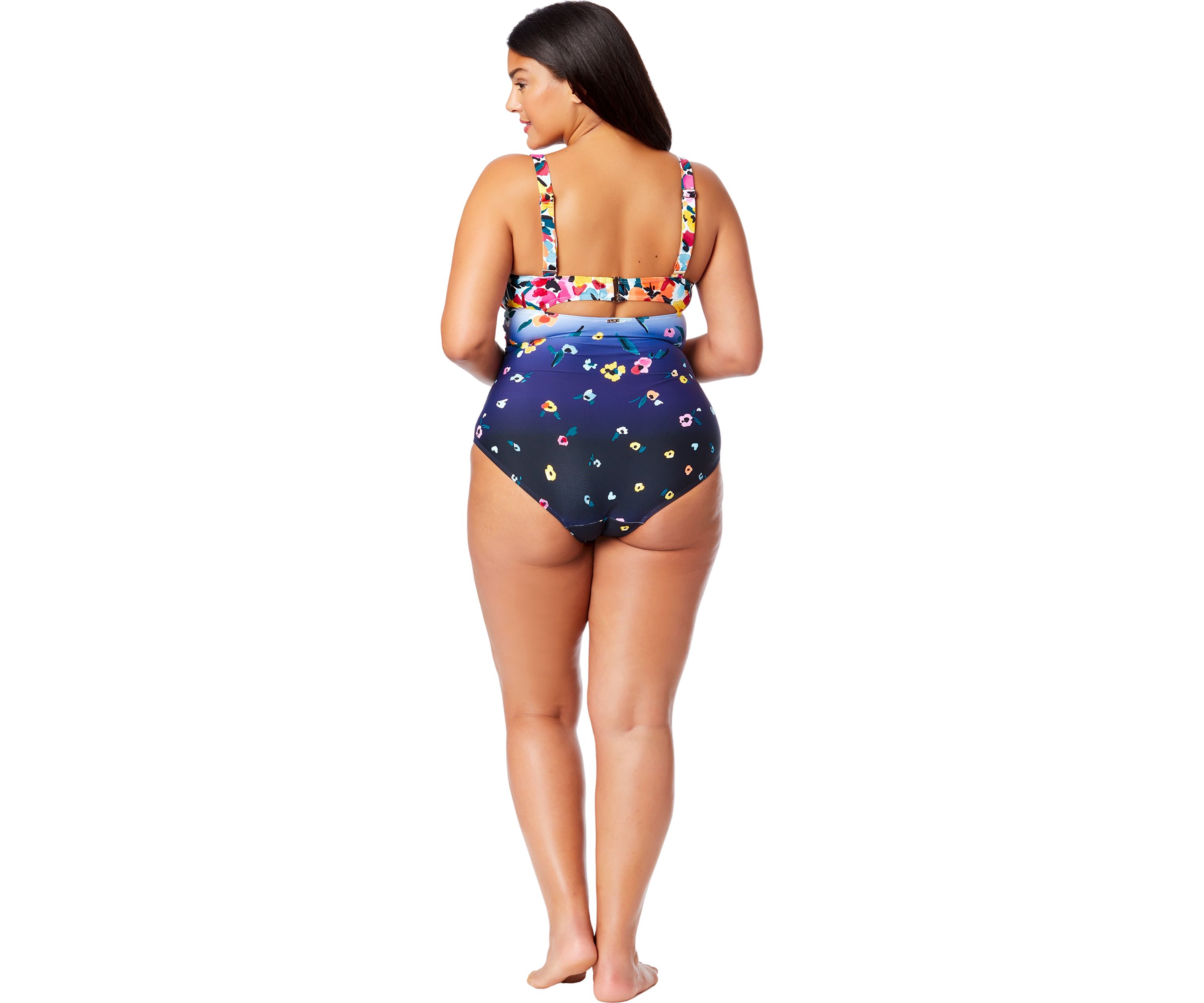 Plus Size Gradient Floral Drape Front One Piece Swimsuit