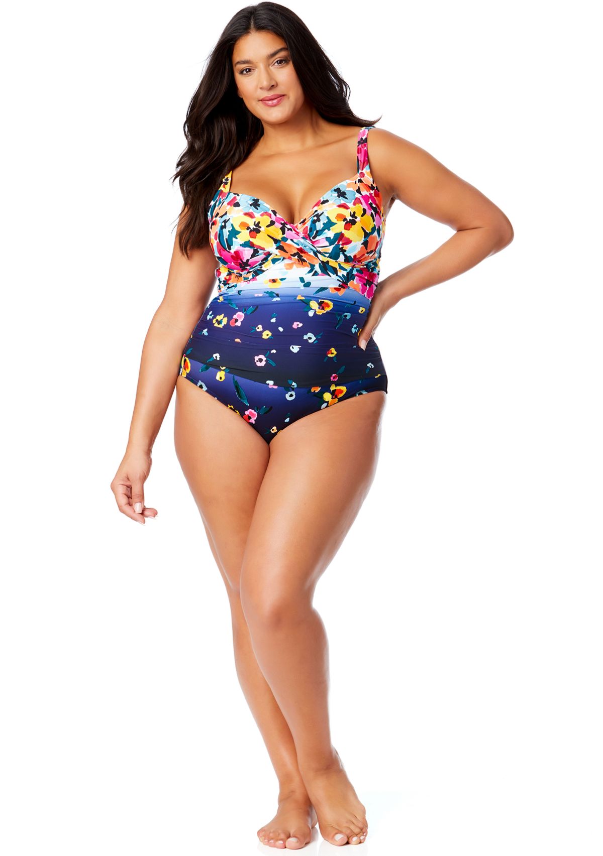 Plus Size Gradient Floral Drape Front One Piece Swimsuit