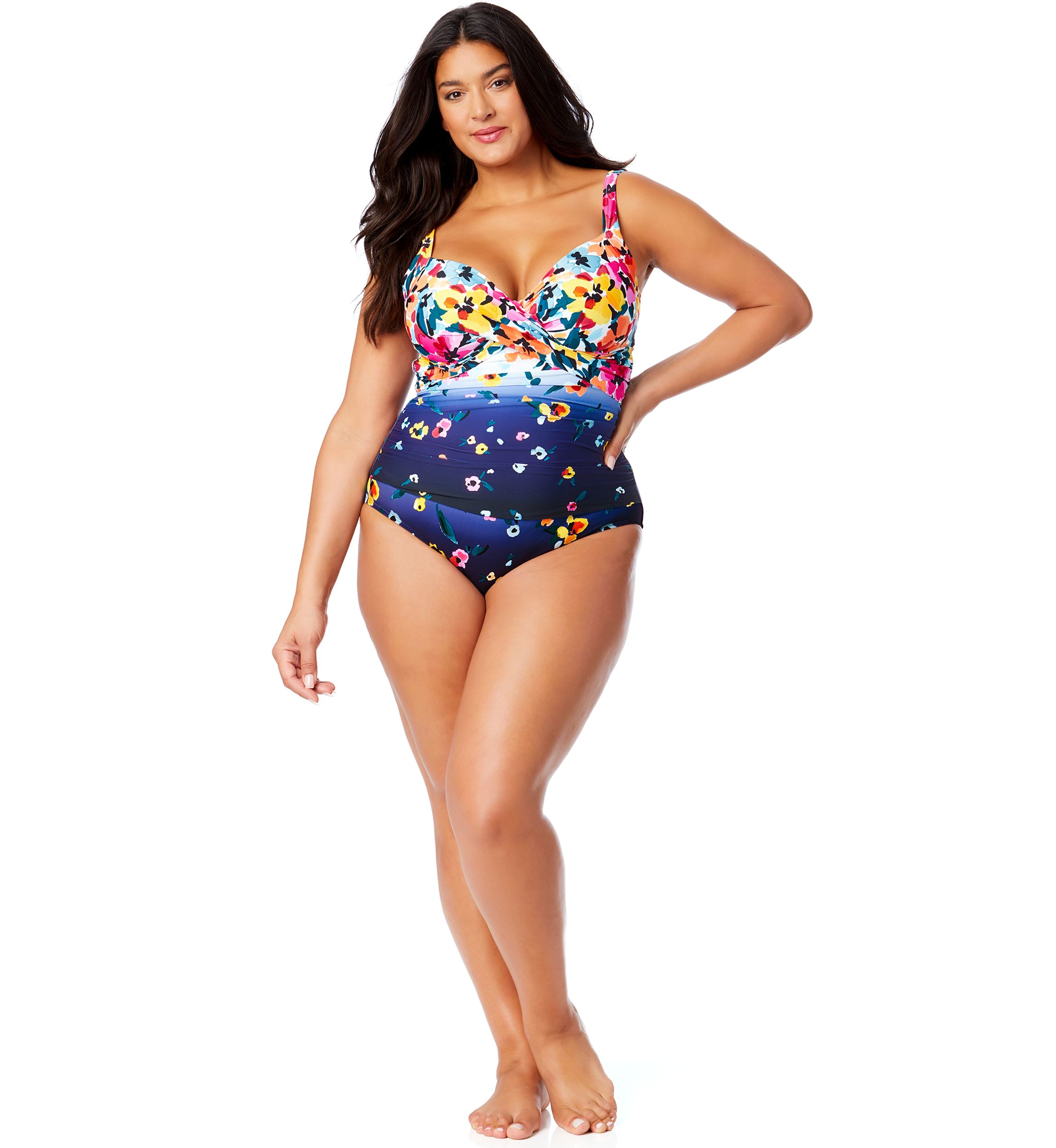Plus Size Gradient Floral Drape Front One Piece Swimsuit