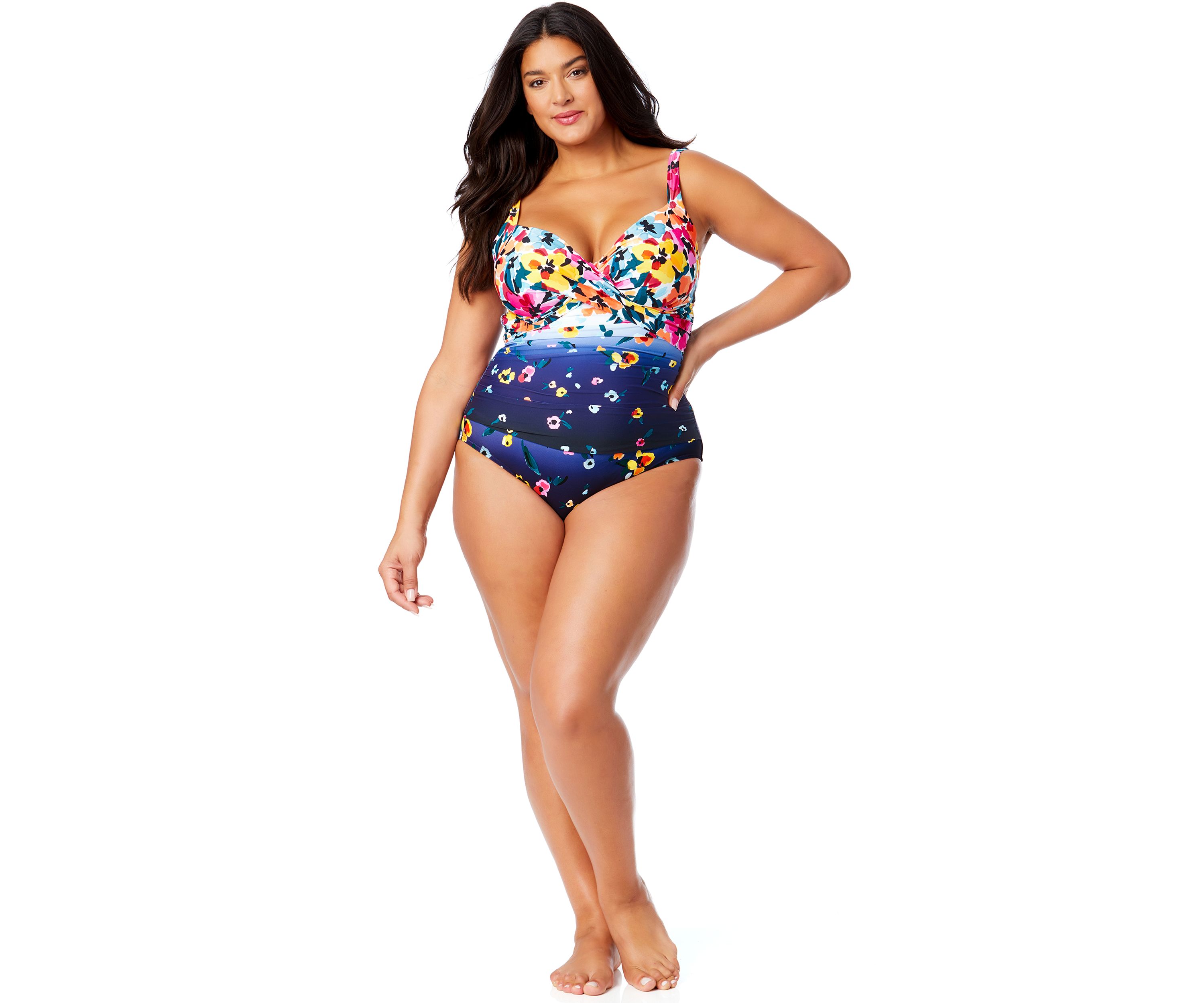 Plus Size Gradient Floral Drape Front One Piece Swimsuit