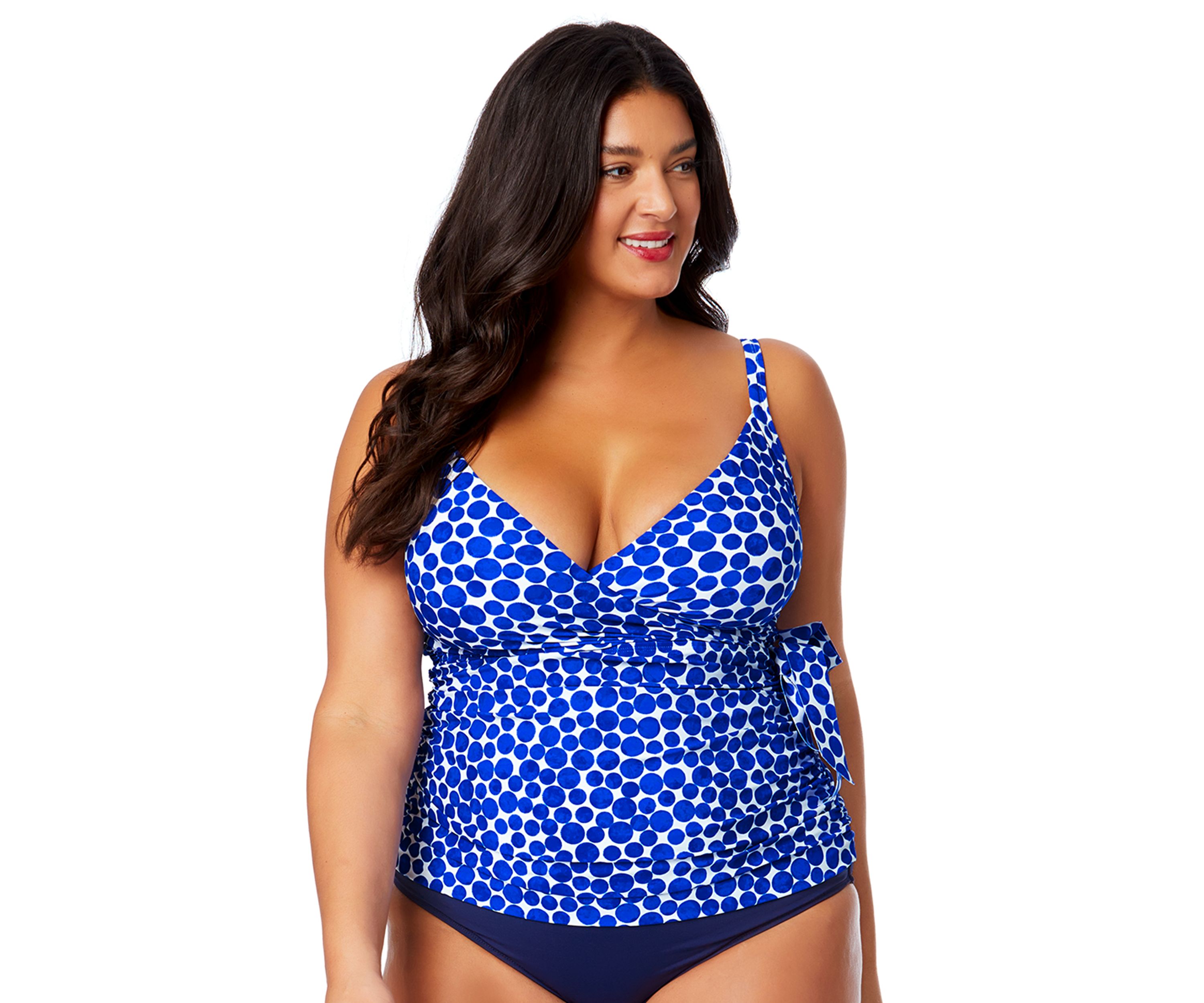 Plus Size Denim Dot Wrap Tie Tankini Swim Top 