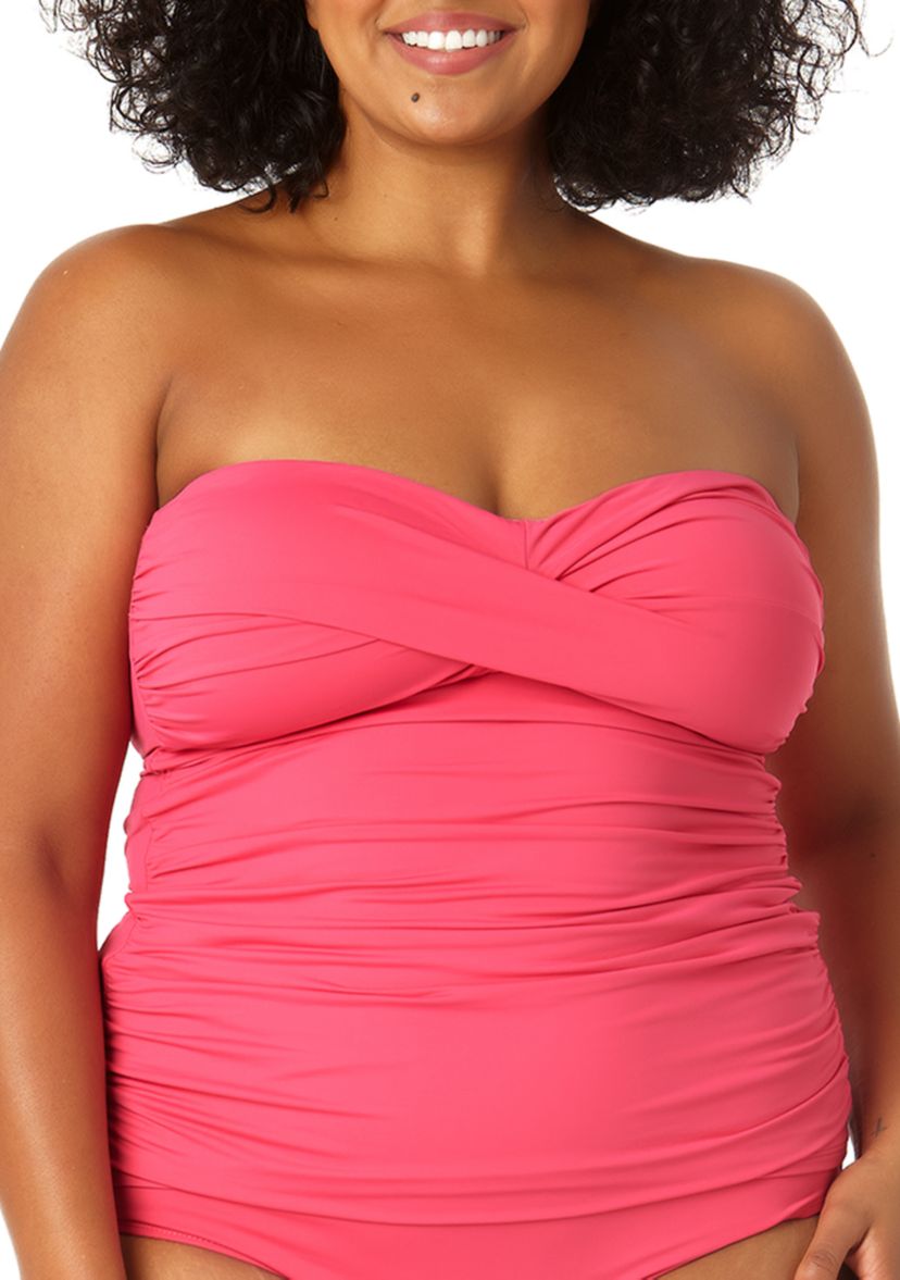 Plus Size Twist Front Shirred Swim Bandeaukini