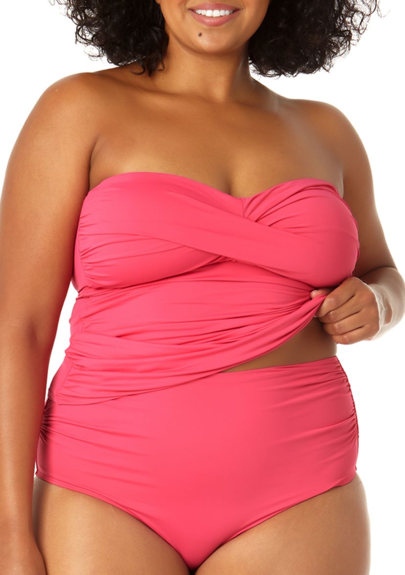 Plus Size Twist Front Shirred Swim Bandeaukini
