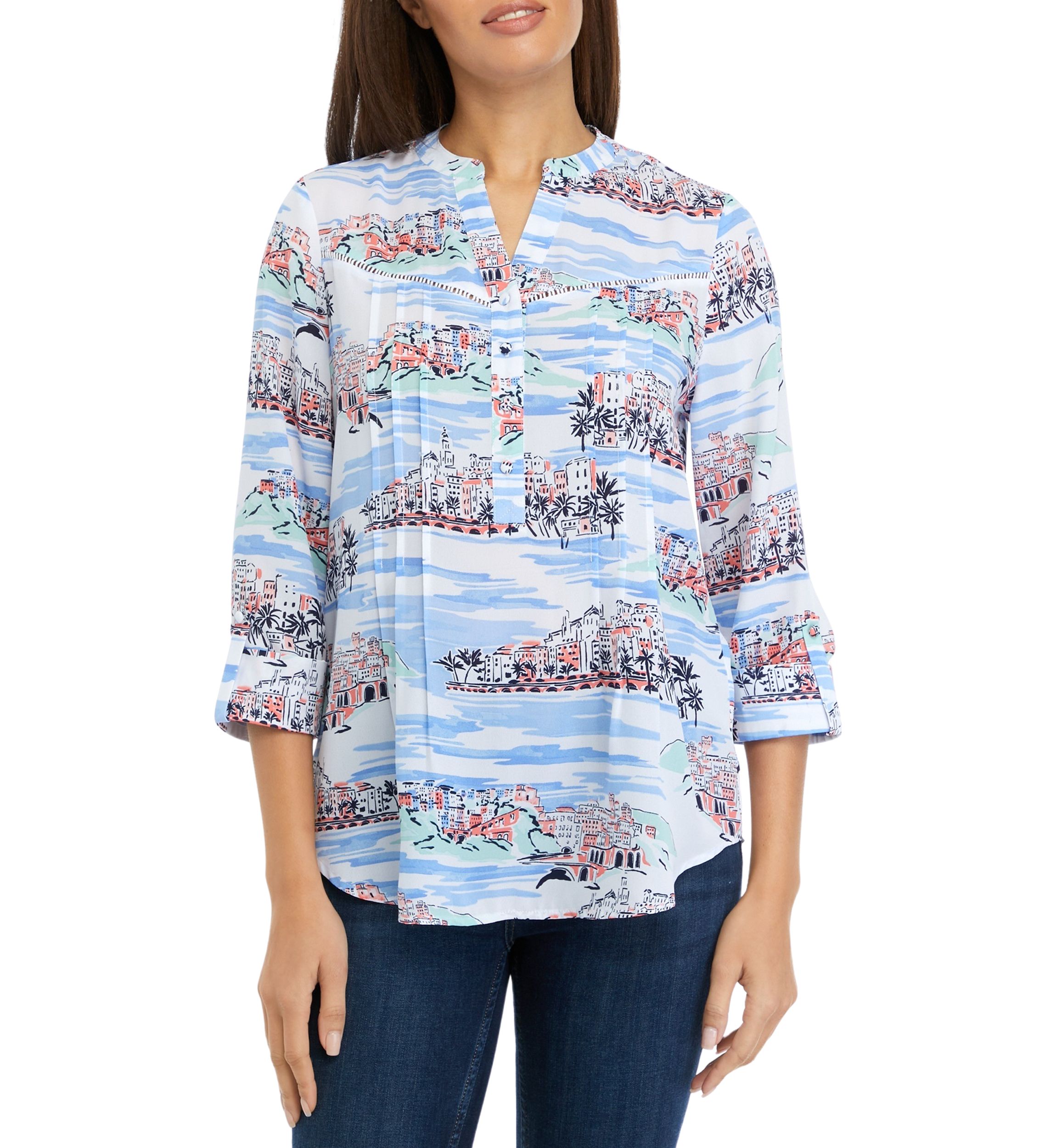 Womens 3/4 Sleeve Dobby Woven Shirt