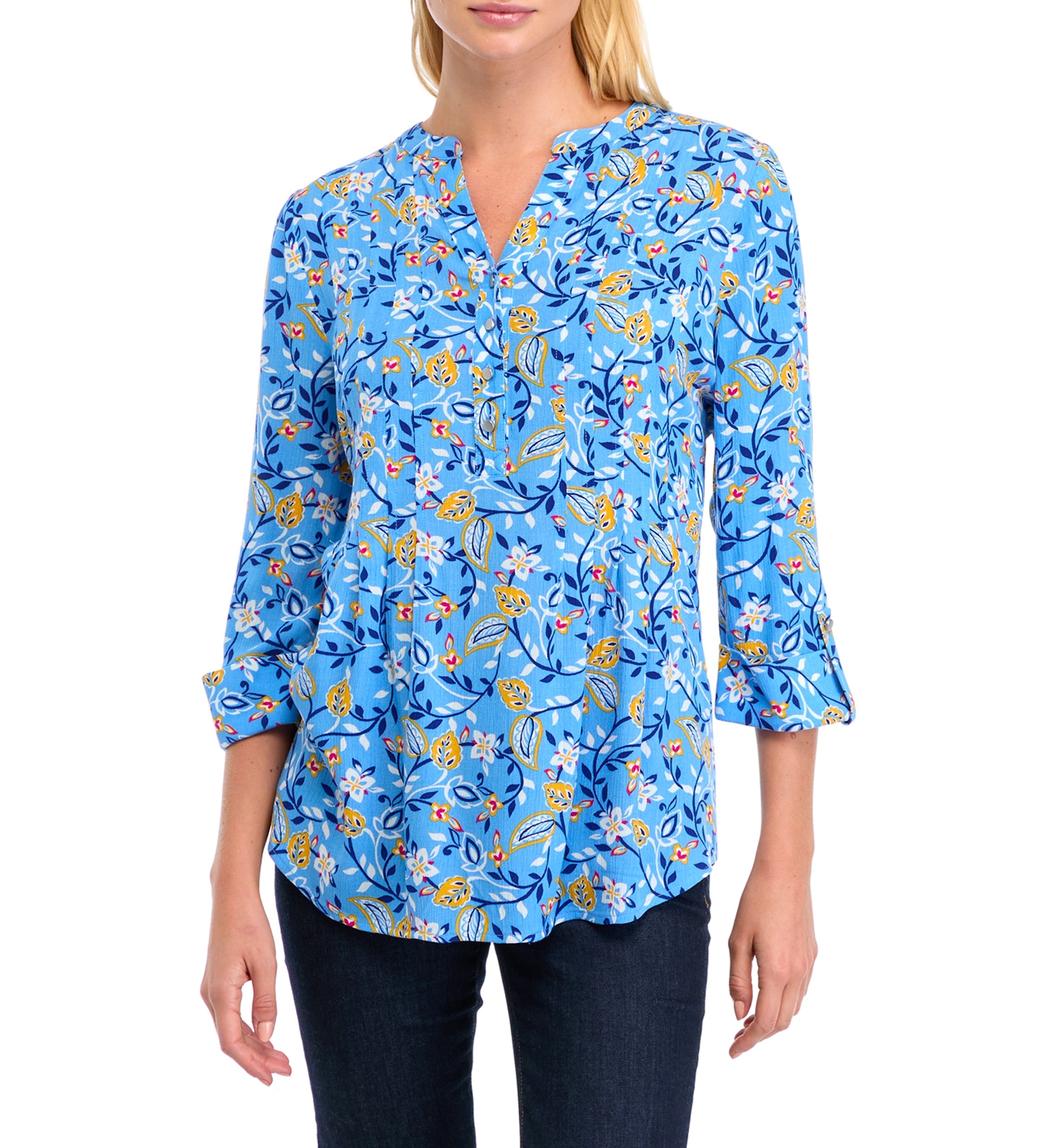 Womens 3/4 Roll Tab Sleeve Printed Henley Top 