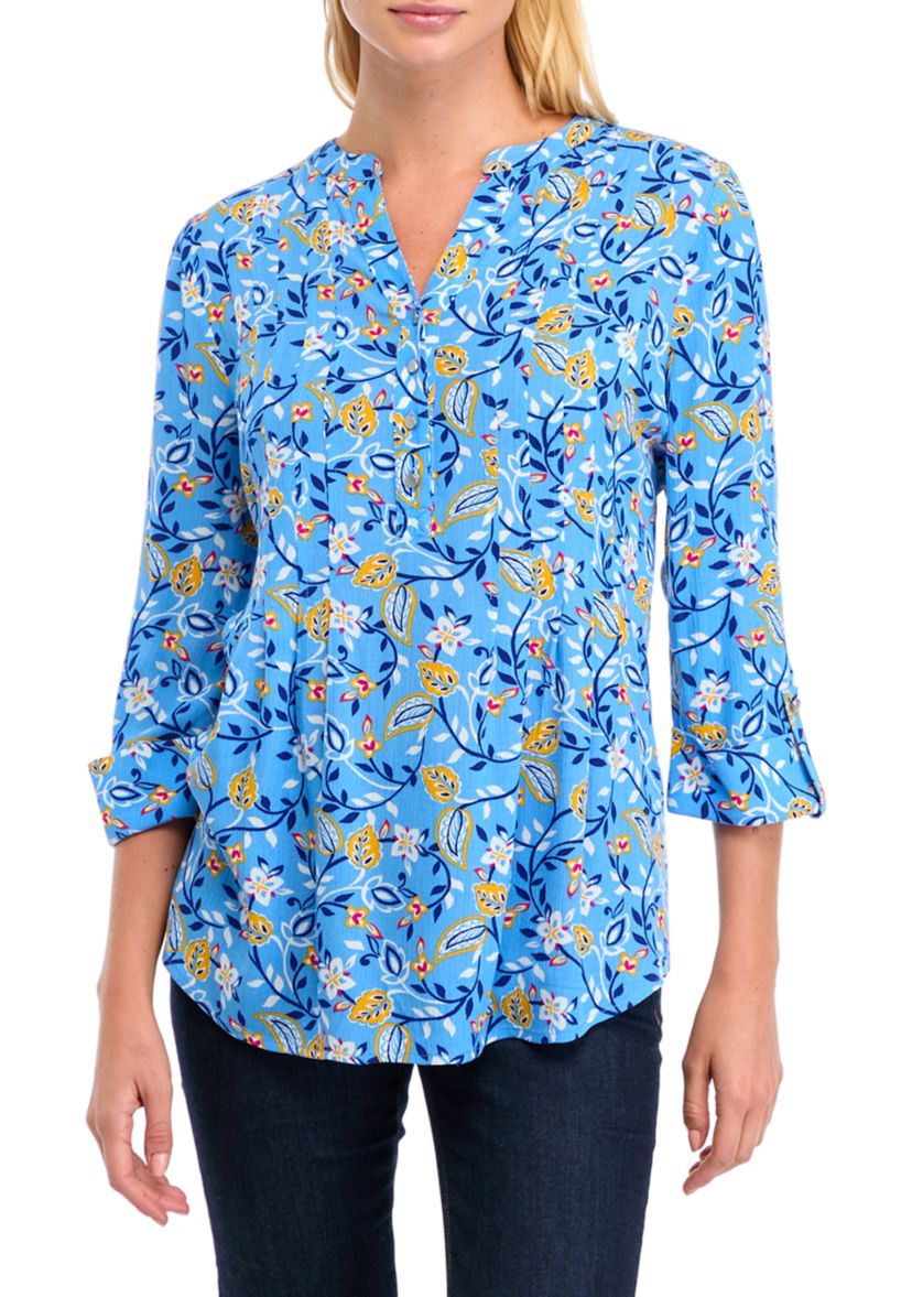 Womens 3/4 Roll Tab Sleeve Printed Henley Top 