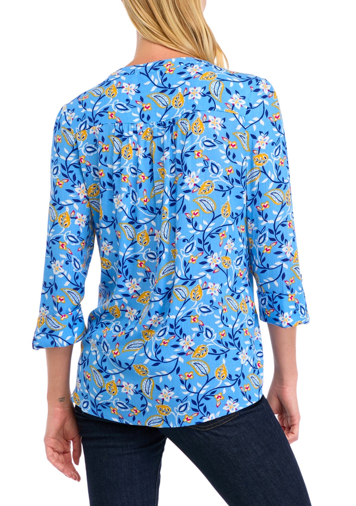 Womens 3/4 Roll Tab Sleeve Printed Henley Top 