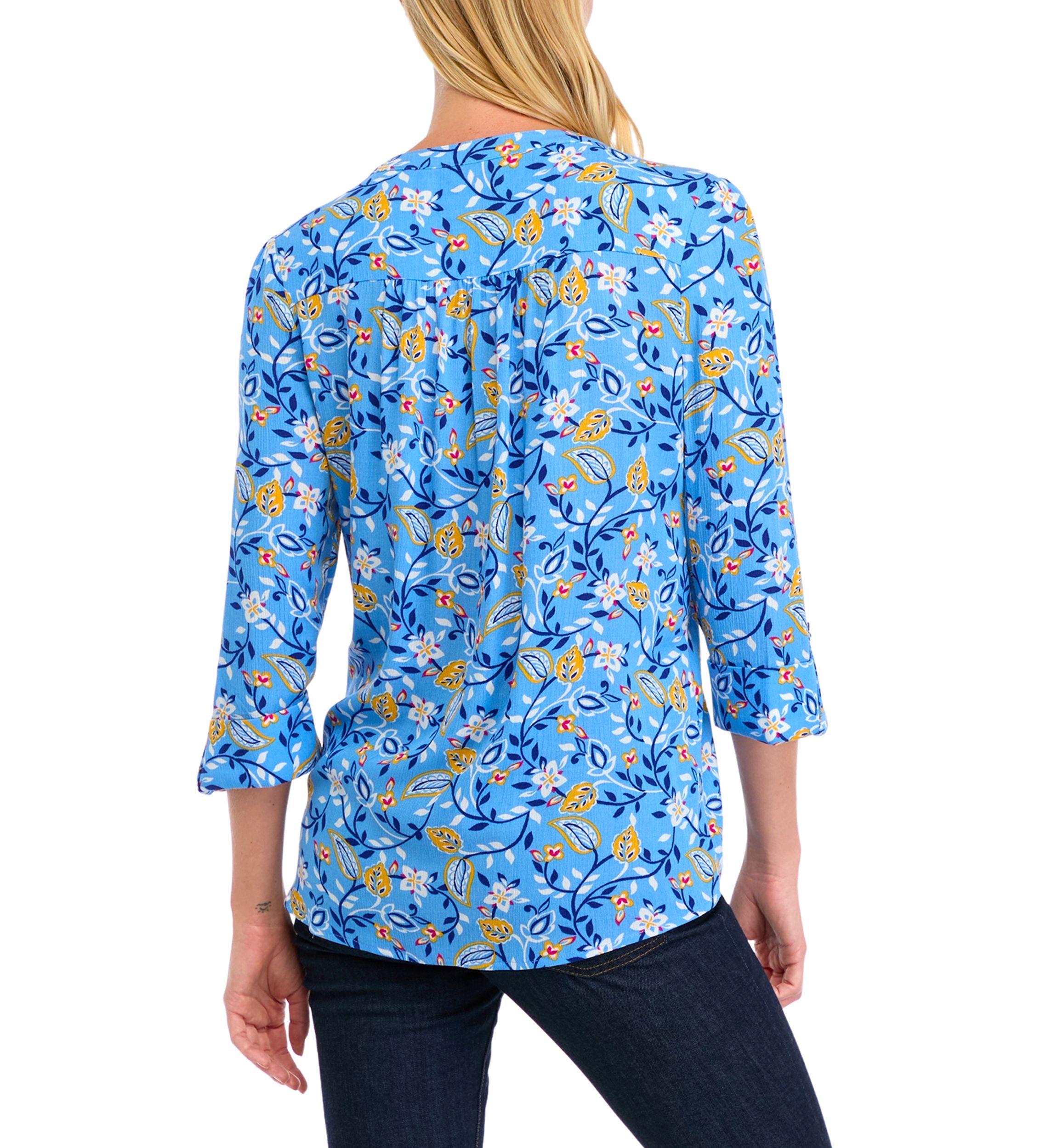 Womens 3/4 Roll Tab Sleeve Printed Henley Top 