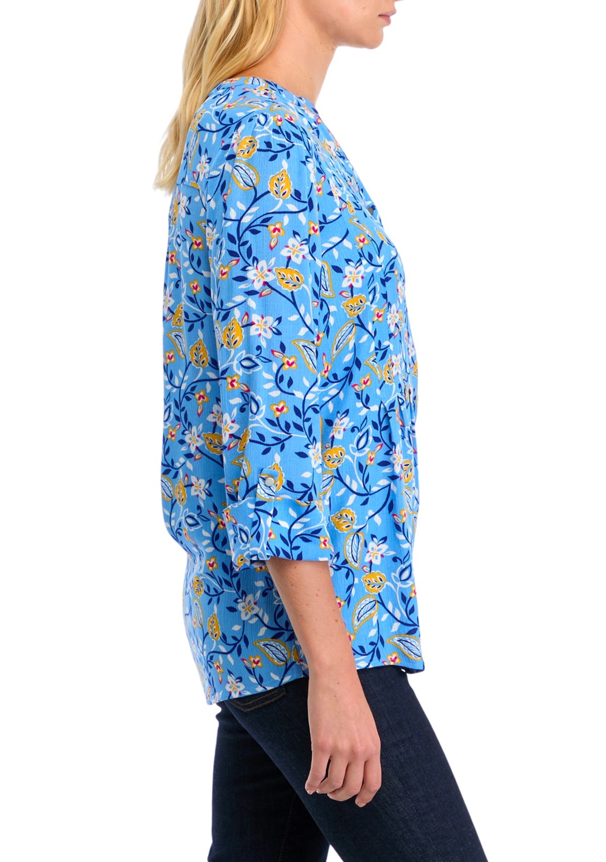 Womens 3/4 Roll Tab Sleeve Printed Henley Top 