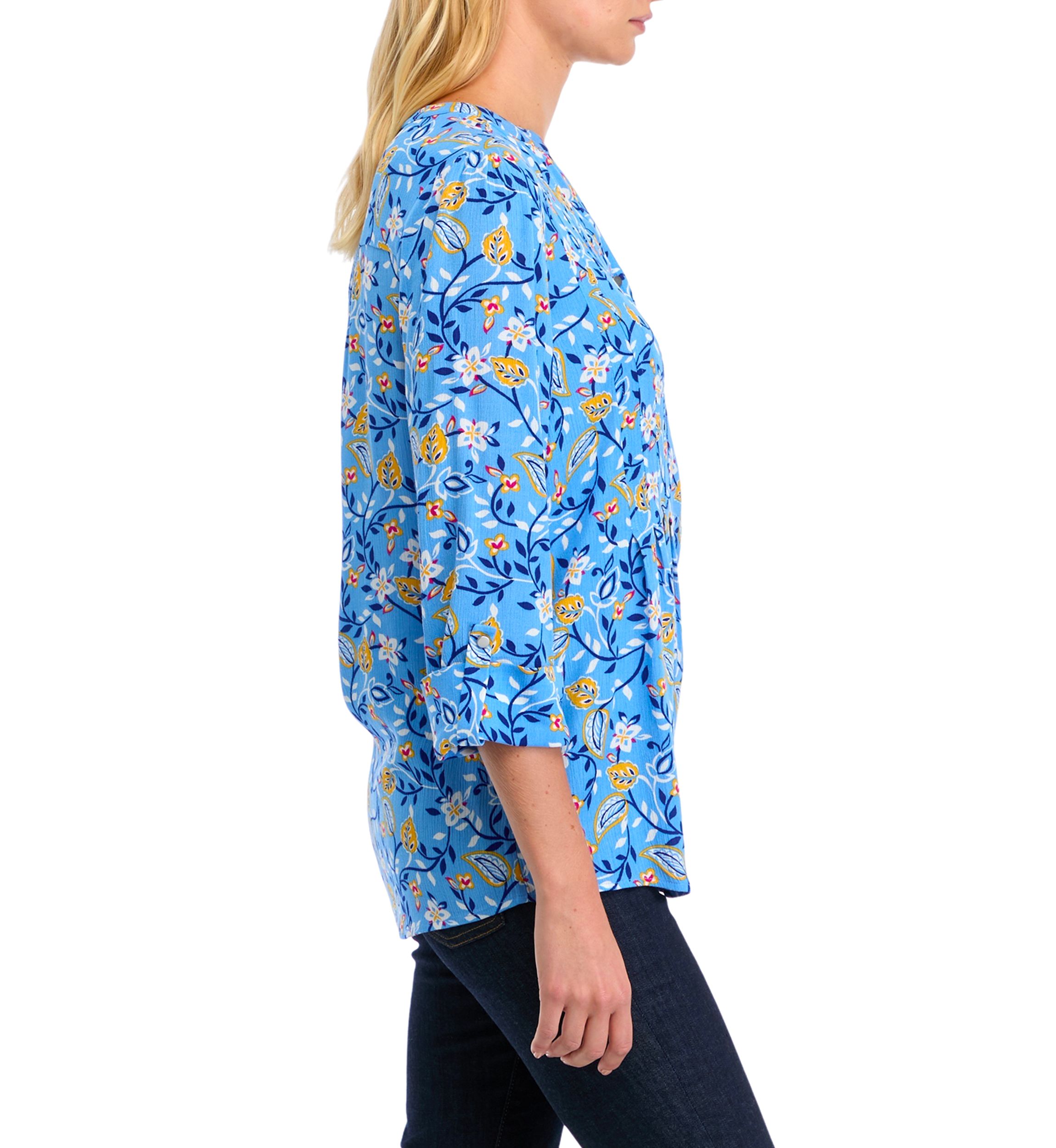 Womens 3/4 Roll Tab Sleeve Printed Henley Top 