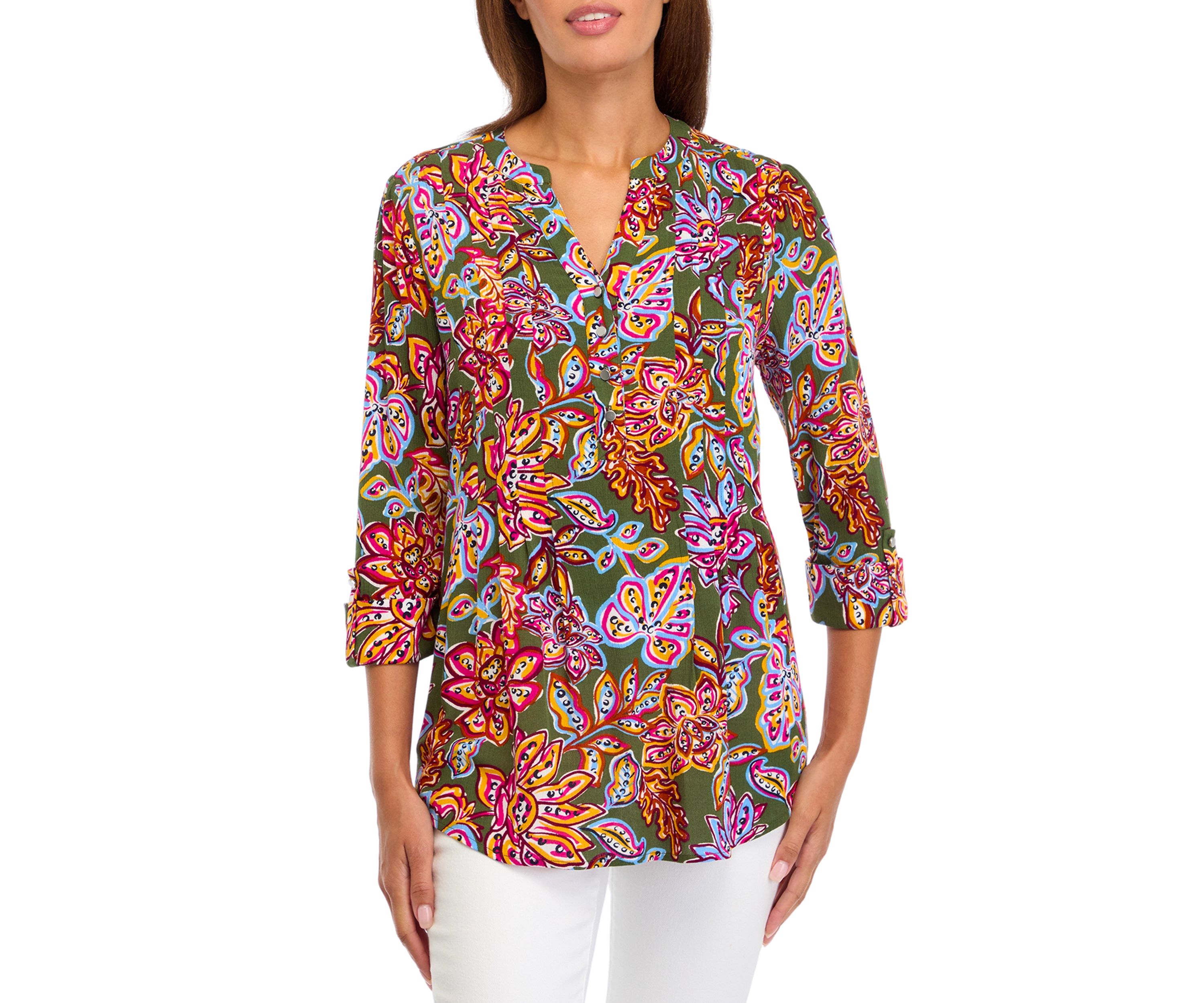 Womens 3/4 Sleeve Printed Henley Shirt 
