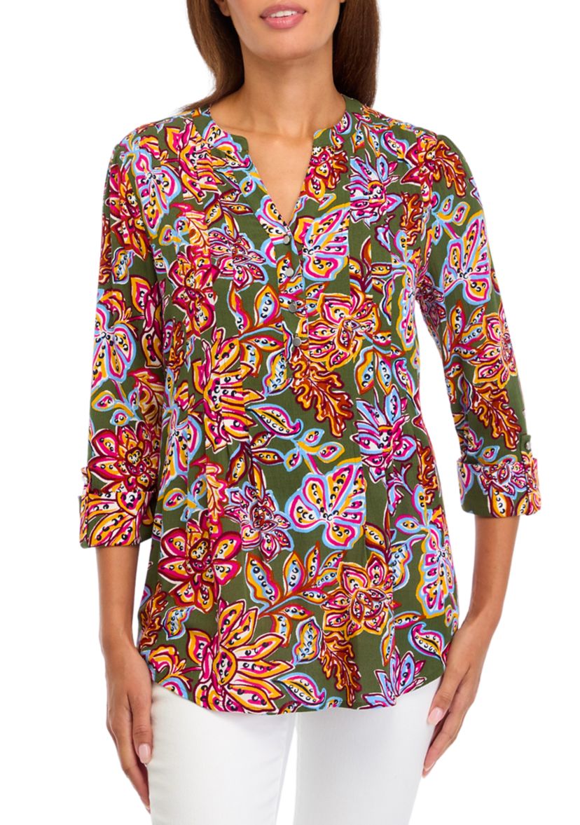 Womens 3/4 Sleeve Printed Henley Shirt 