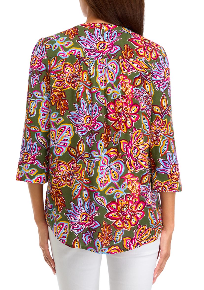 Womens 3/4 Sleeve Printed Henley Shirt 