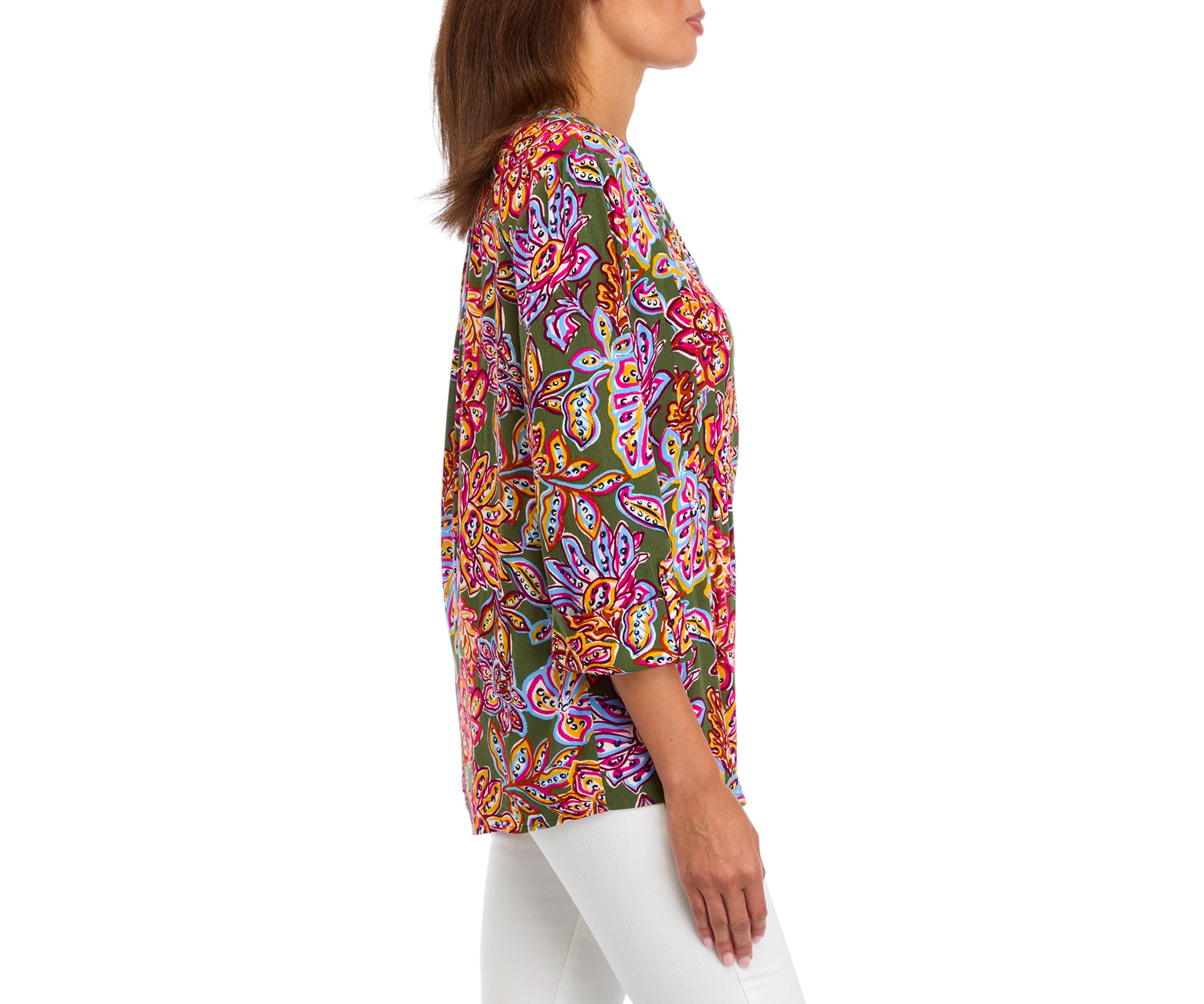 Womens 3/4 Sleeve Printed Henley Shirt 