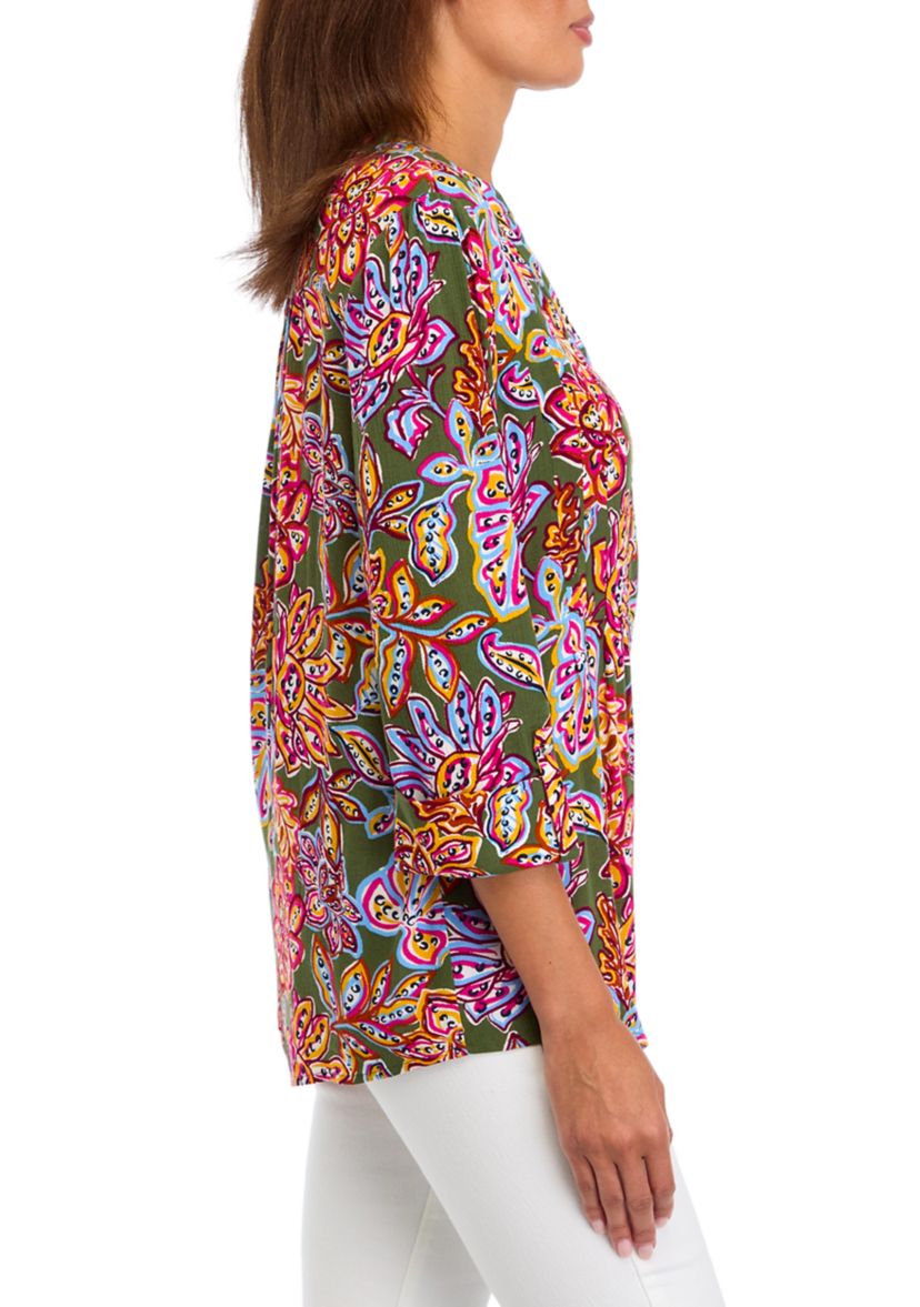 Womens 3/4 Sleeve Printed Henley Shirt 