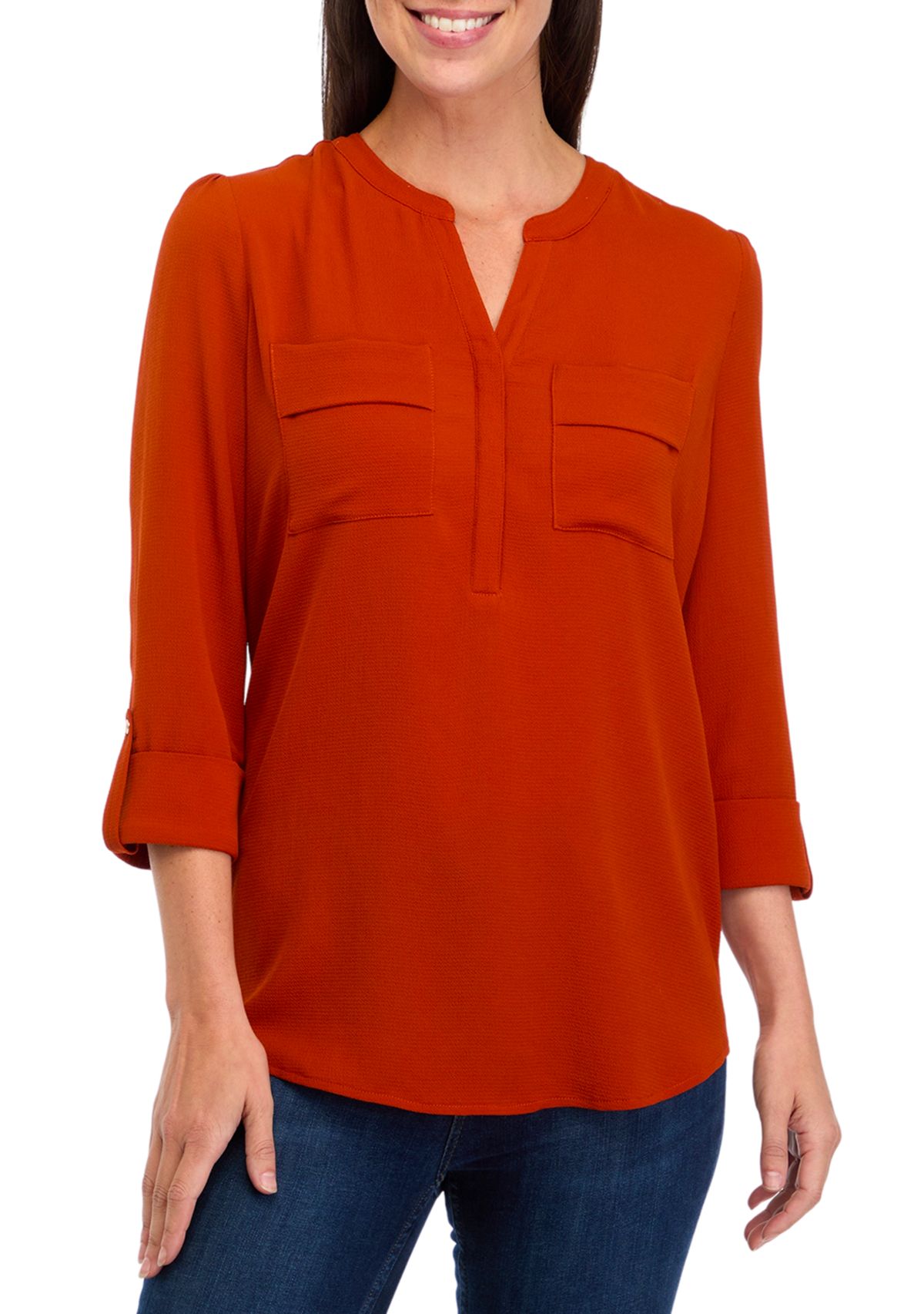 Womens 3/4 Sleeve Hidden Placket Henley Shirt