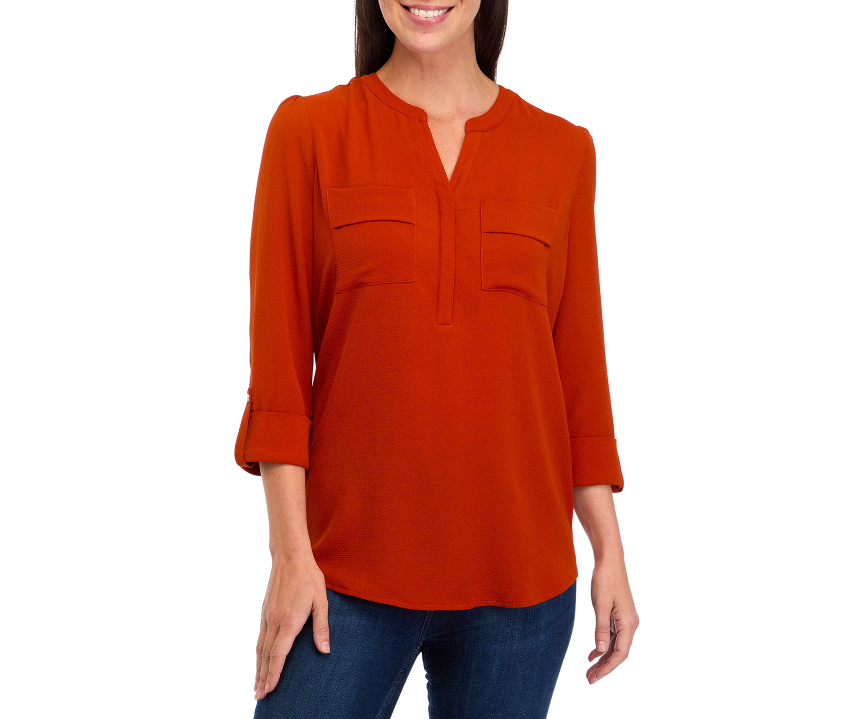 Womens 3/4 Sleeve Hidden Placket Henley Shirt