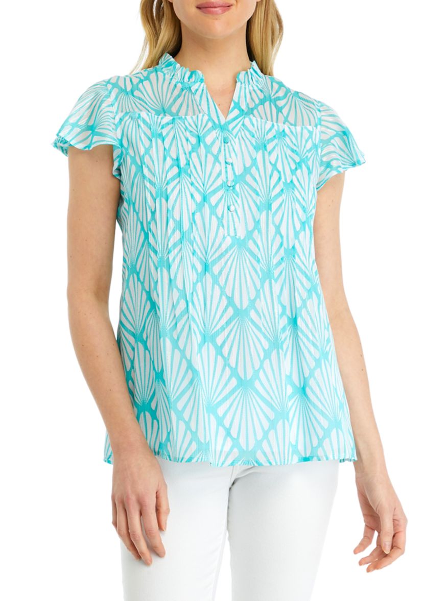 Womens Printed Flutter Sleeve Chiffon Blouse