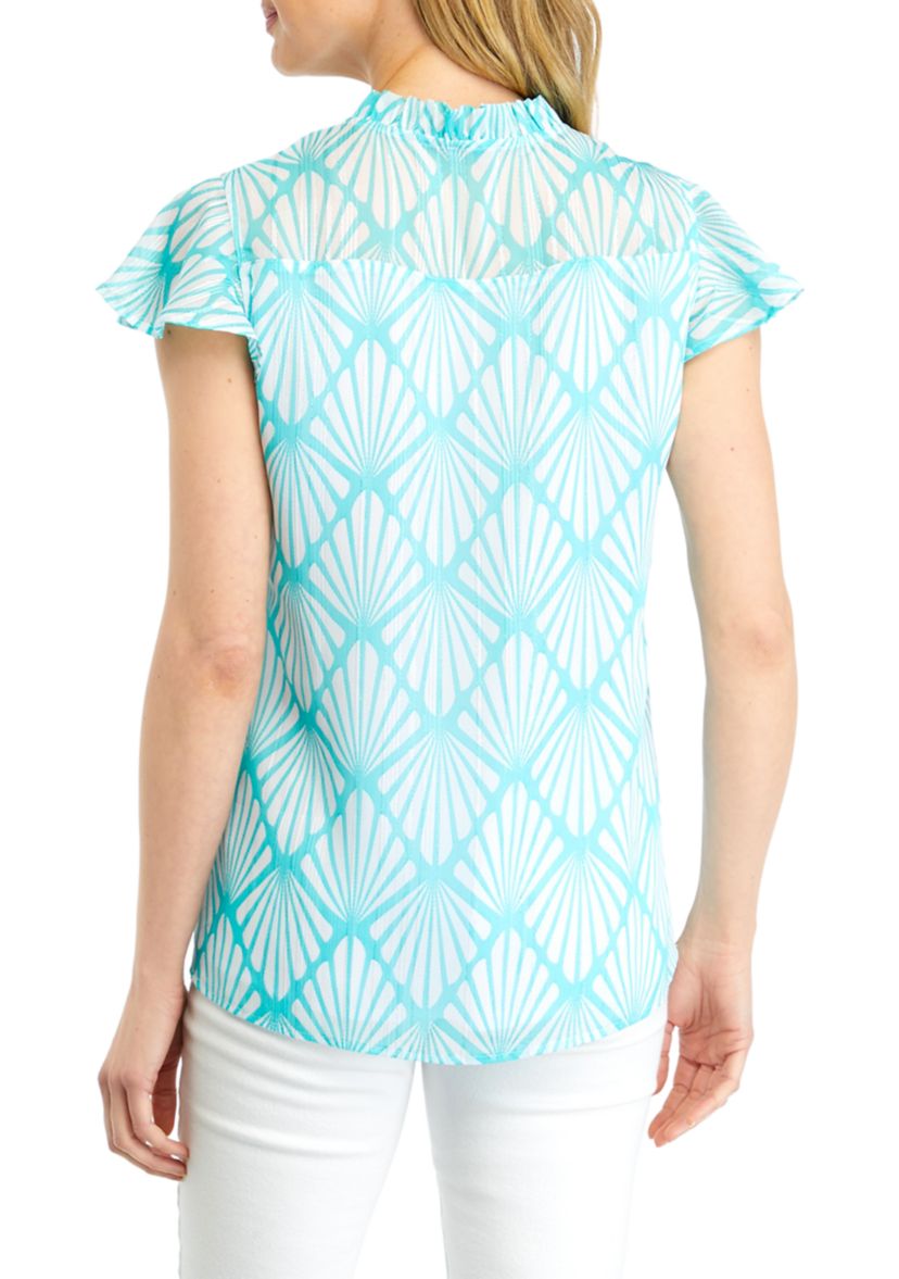 Womens Printed Flutter Sleeve Chiffon Blouse