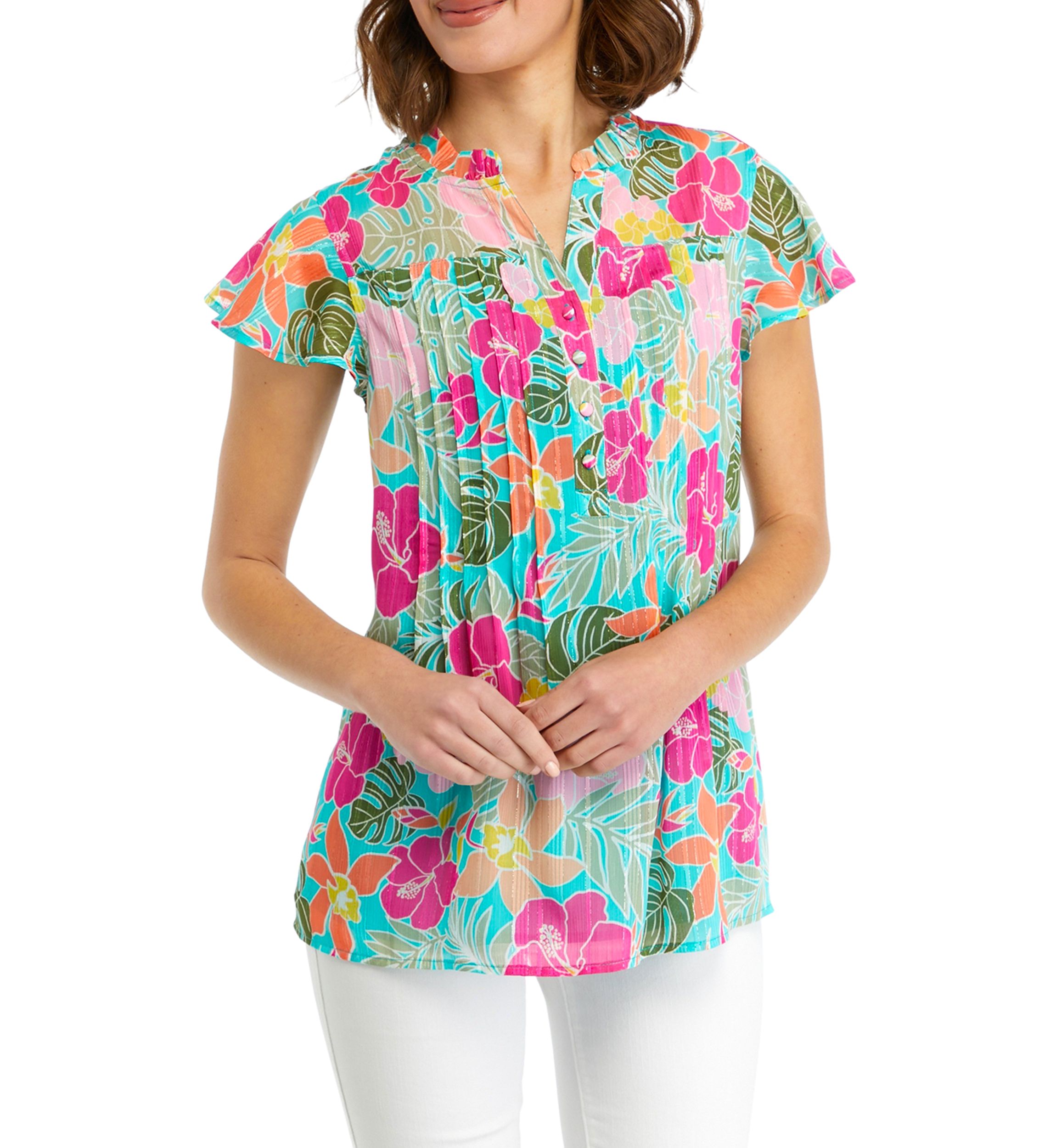 Womens Printed Flutter Sleeve Chiffon Blouse