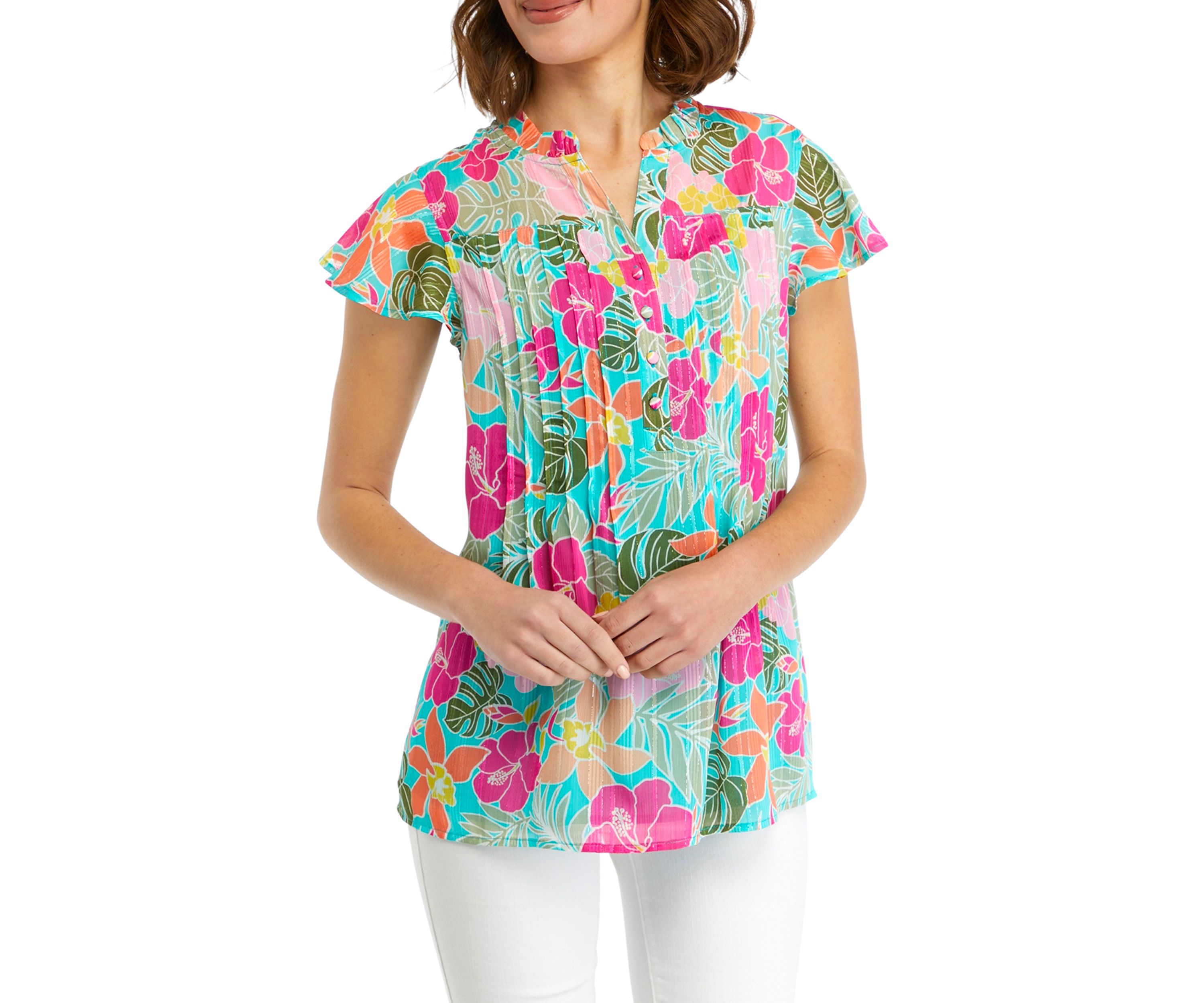 Womens Printed Flutter Sleeve Chiffon Blouse