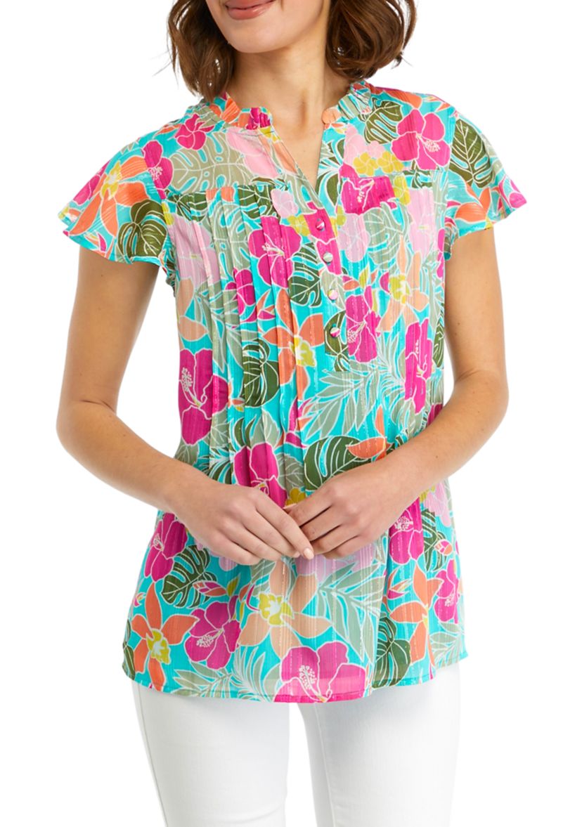 Womens Printed Flutter Sleeve Chiffon Blouse