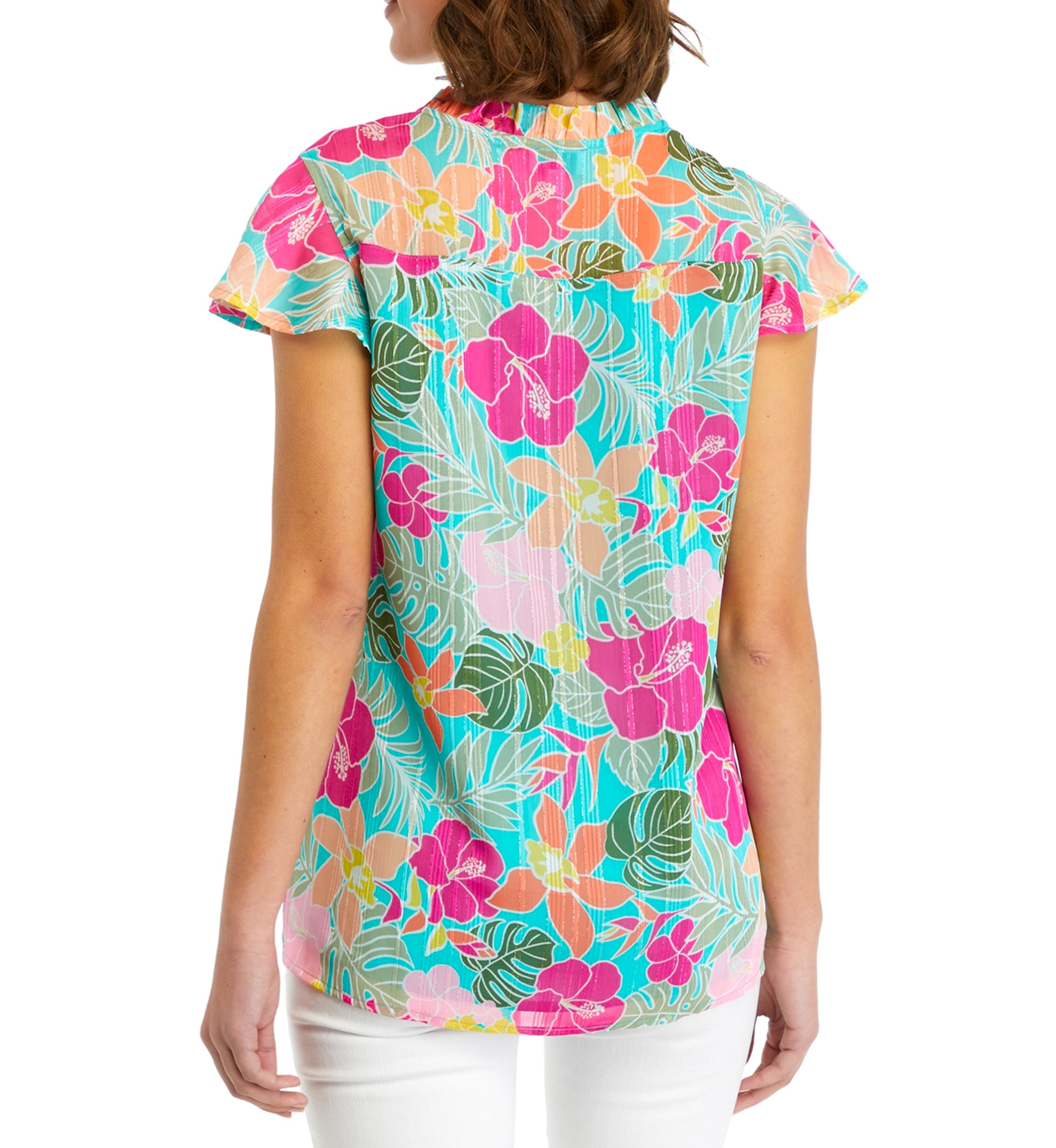 Womens Printed Flutter Sleeve Chiffon Blouse