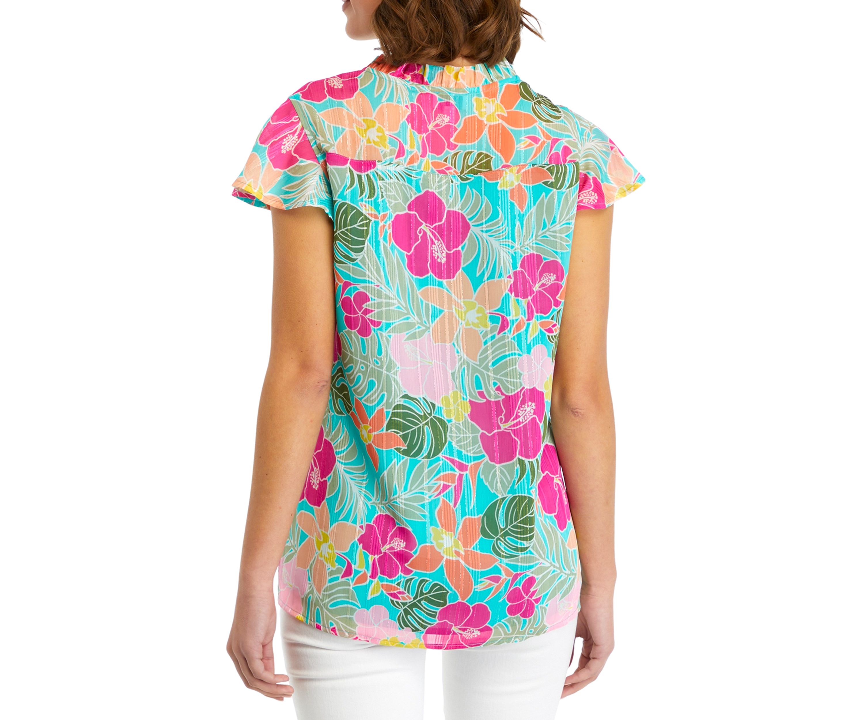Womens Printed Flutter Sleeve Chiffon Blouse