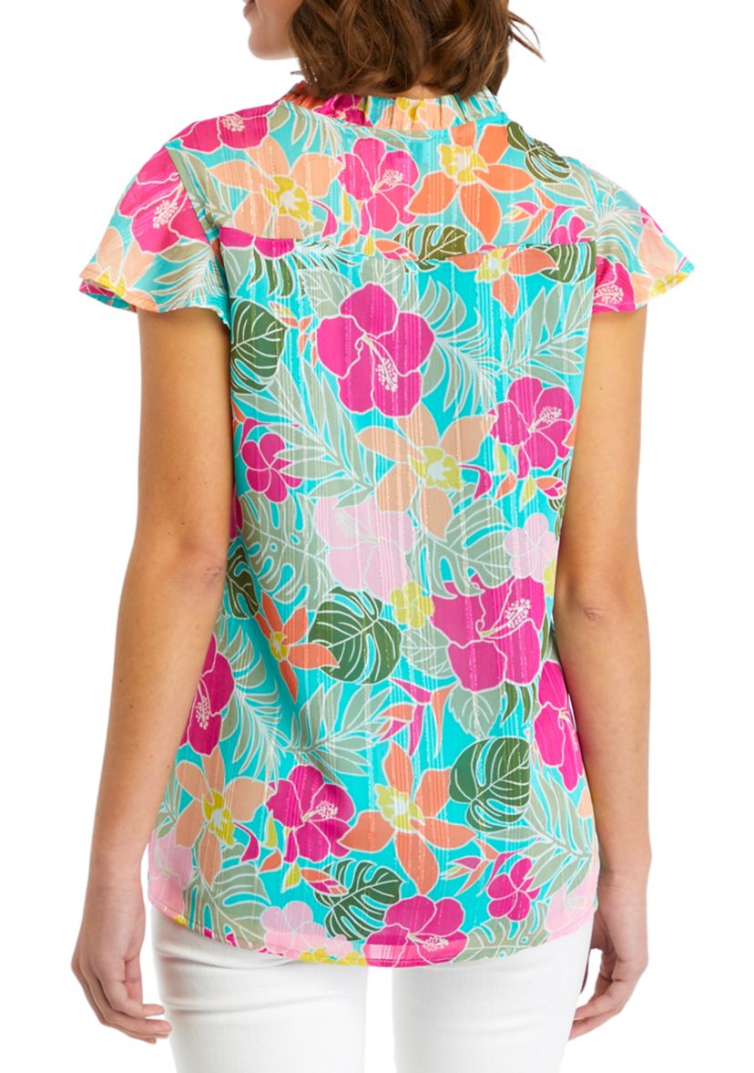 Womens Printed Flutter Sleeve Chiffon Blouse