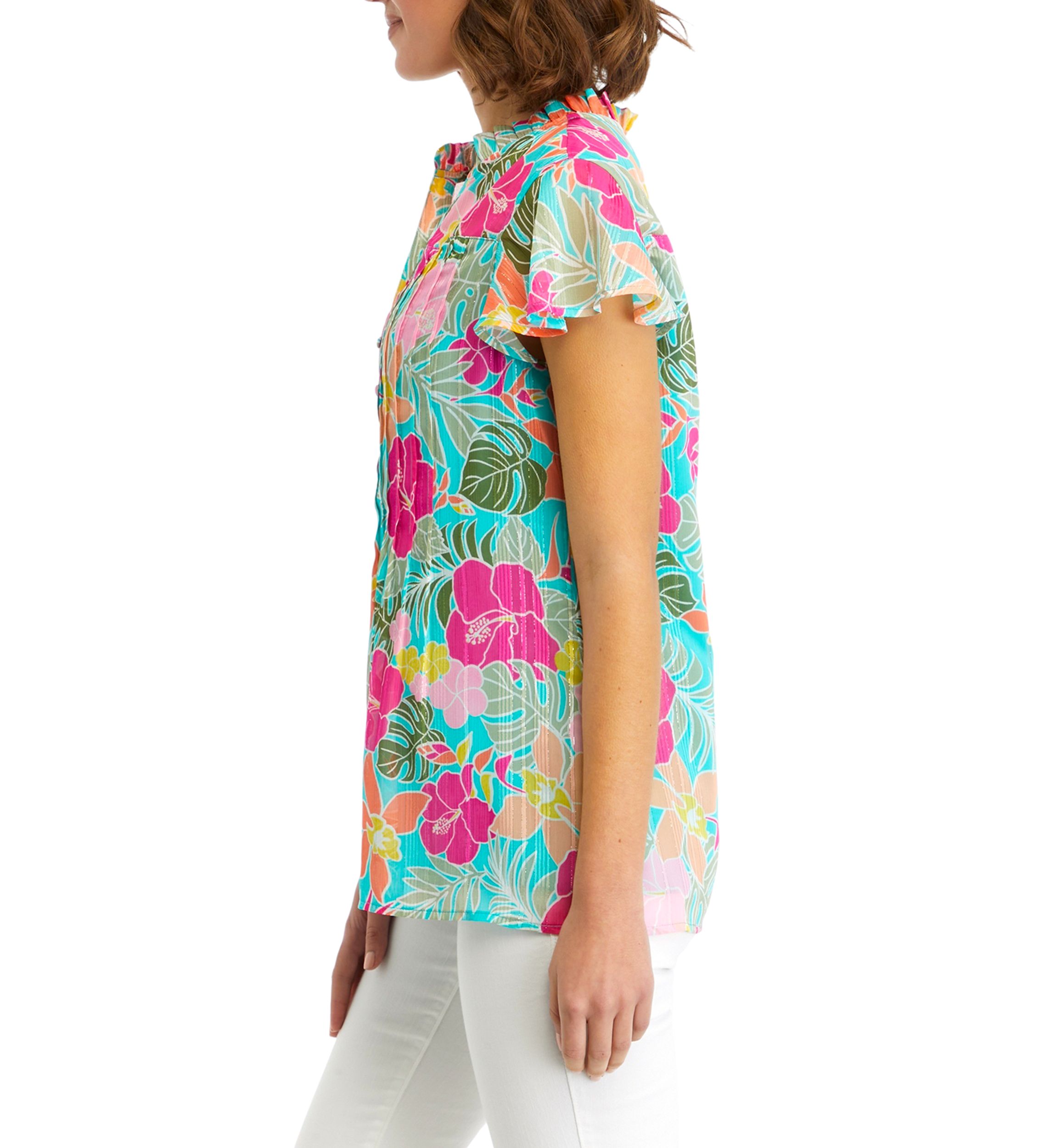 Womens Printed Flutter Sleeve Chiffon Blouse