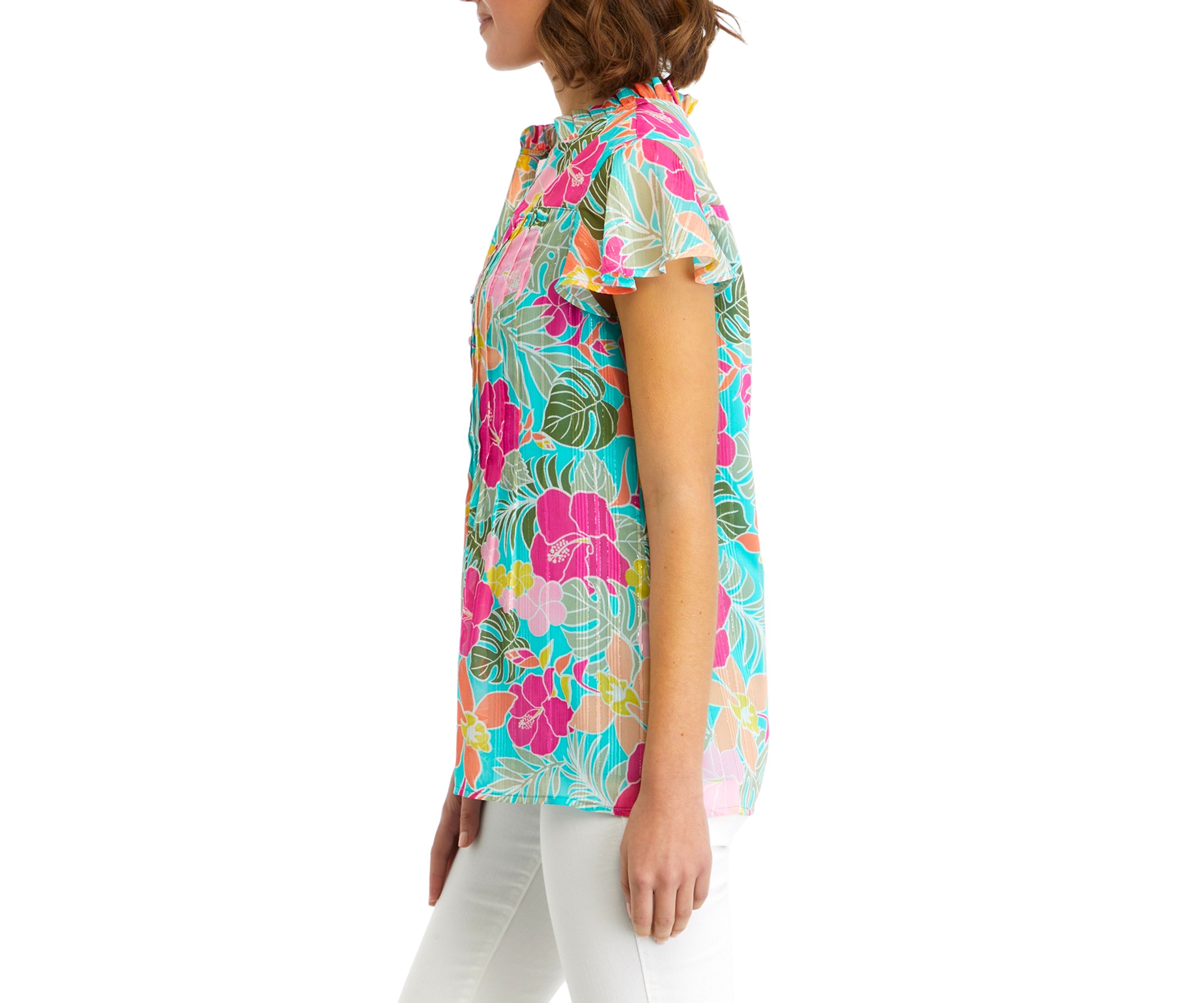 Womens Printed Flutter Sleeve Chiffon Blouse