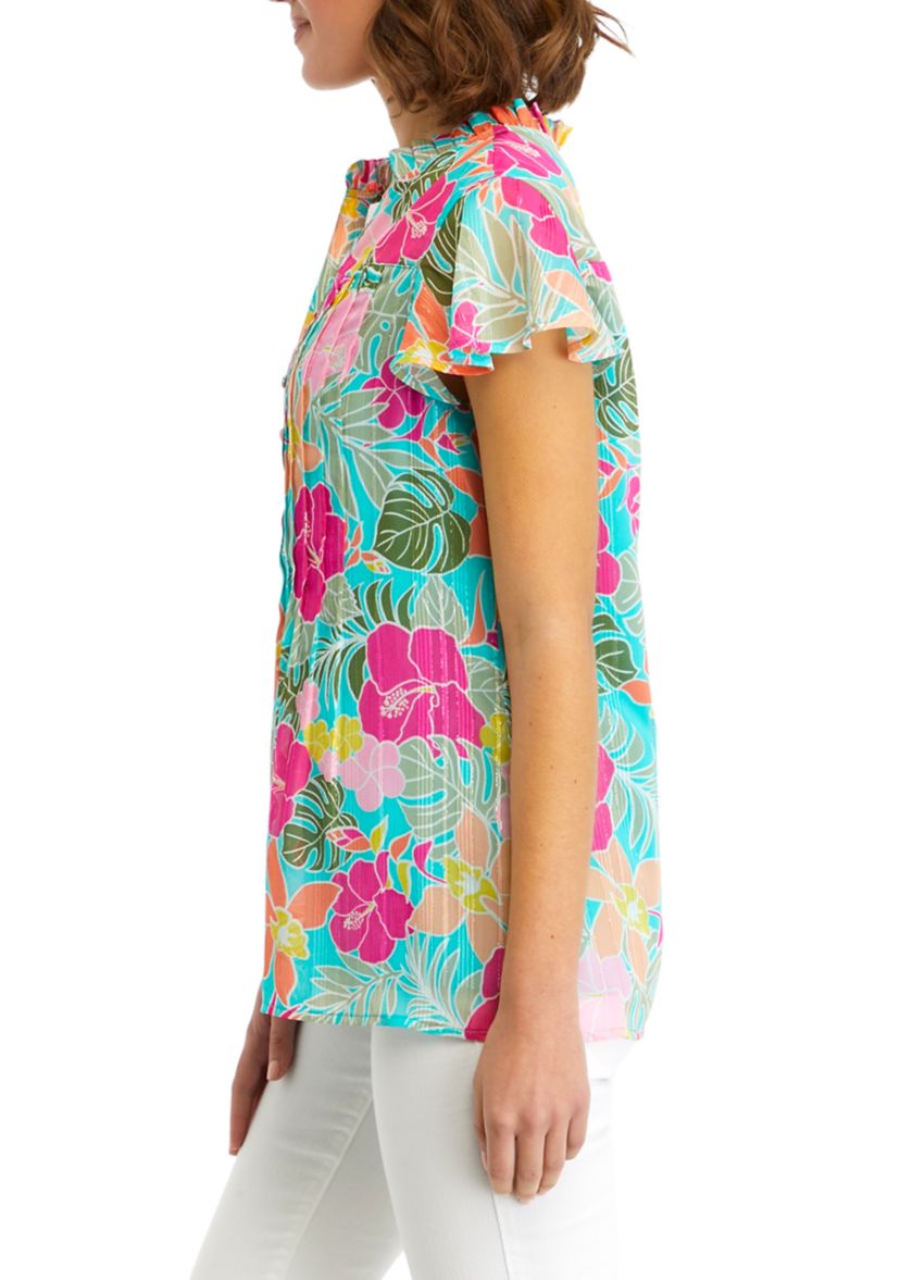 Womens Printed Flutter Sleeve Chiffon Blouse
