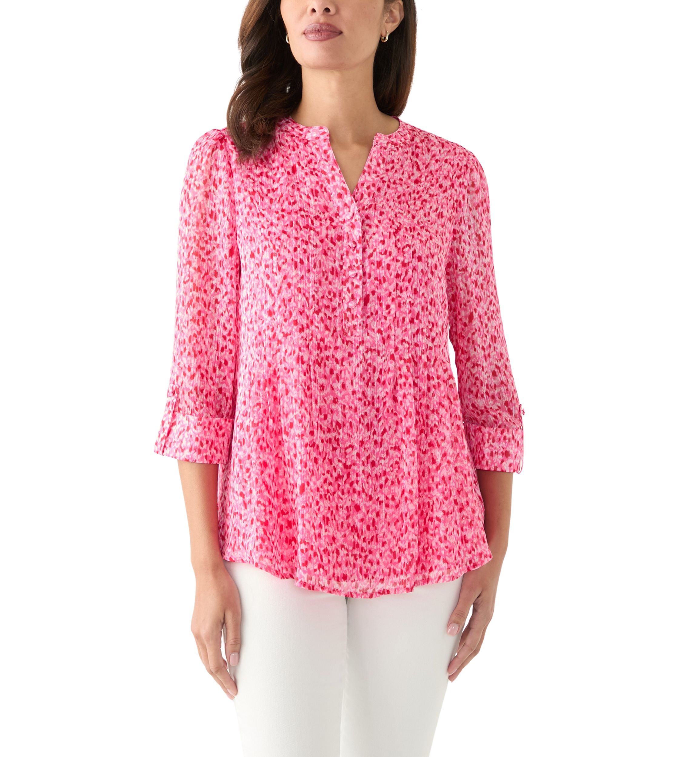 Womens 3/4 Sleeve Chiffon Henley Top